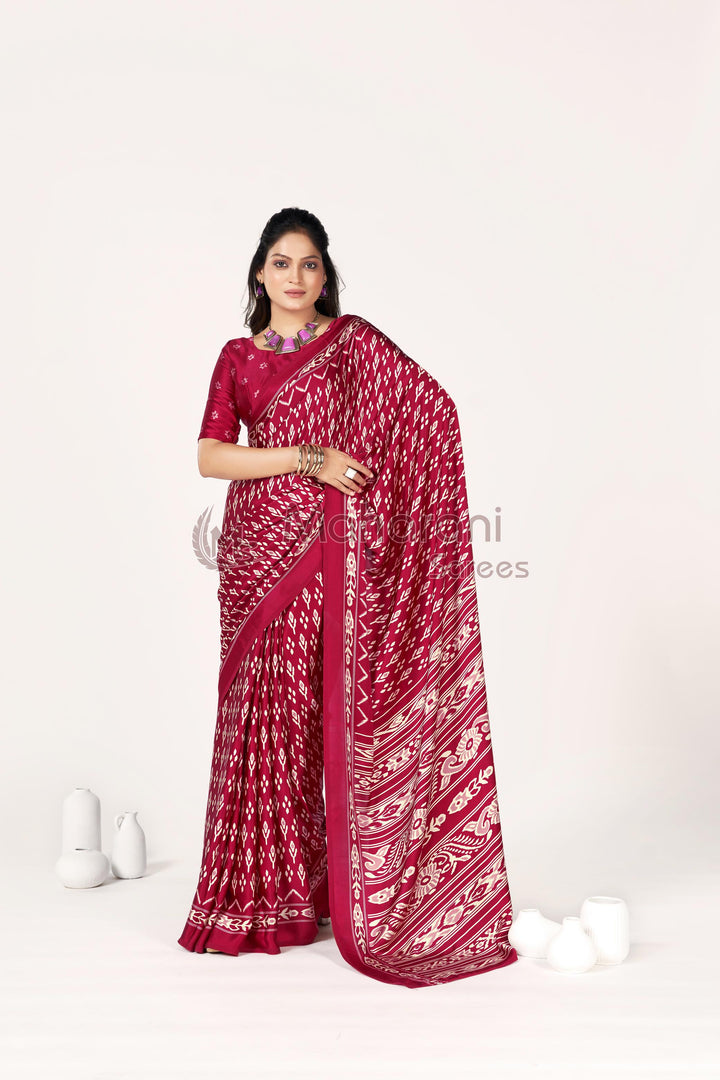 Maroon Ajrakh Patola Natural Printed Soft Modal Silk Saree