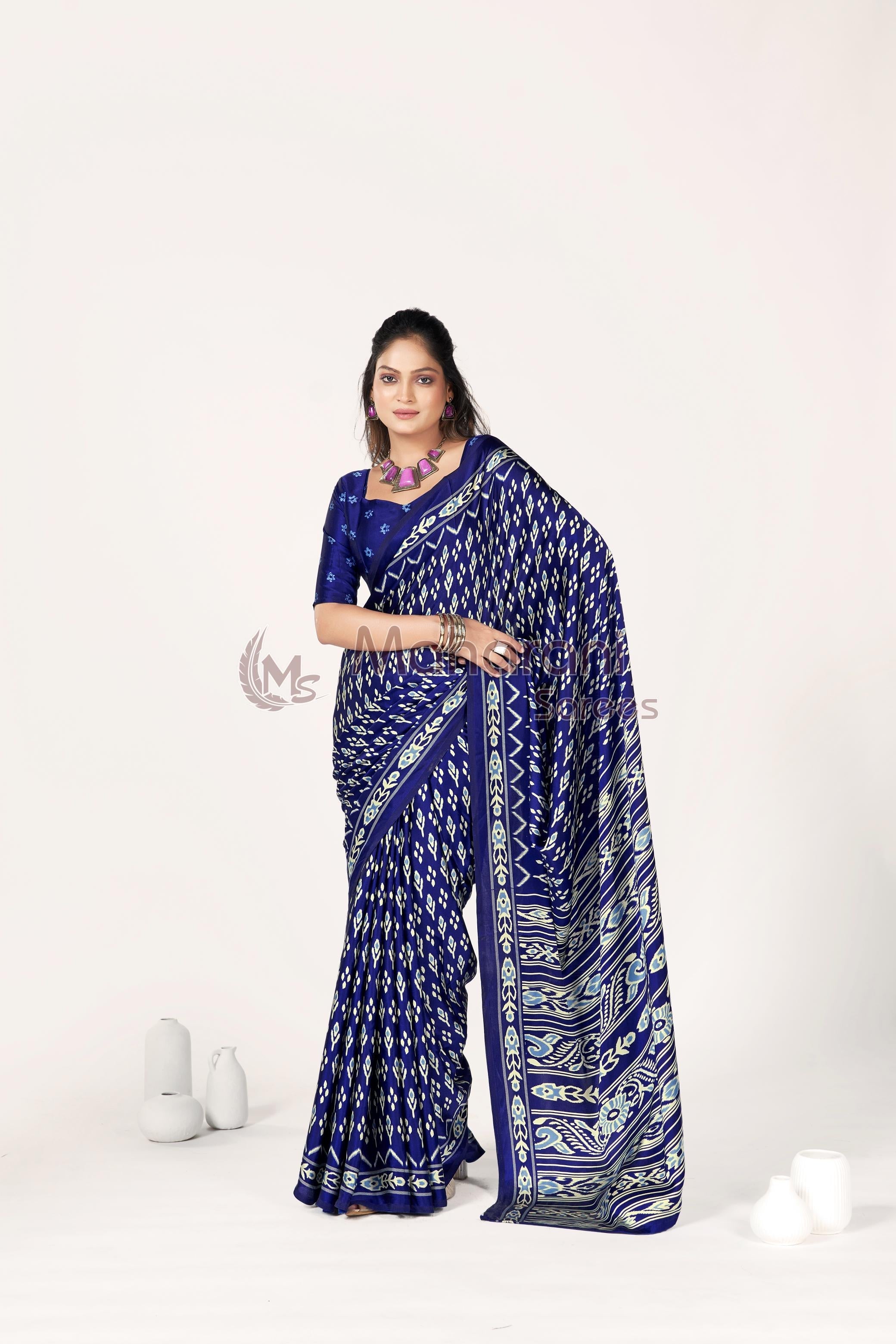 Blue Ajrakh Patola Natural Printed Soft Modal Silk Saree