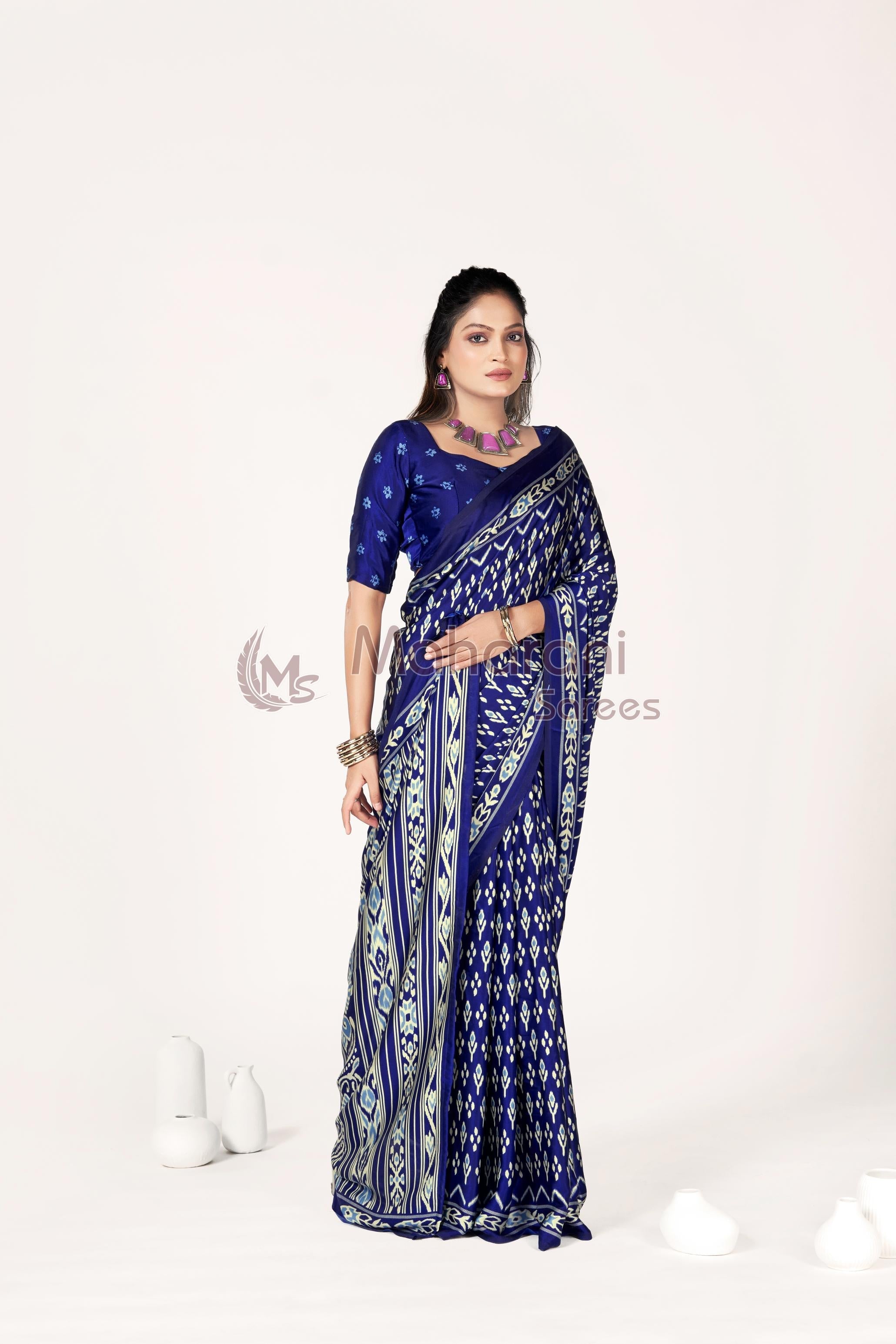 Blue Ajrakh Patola Natural Printed Soft Modal Silk Saree