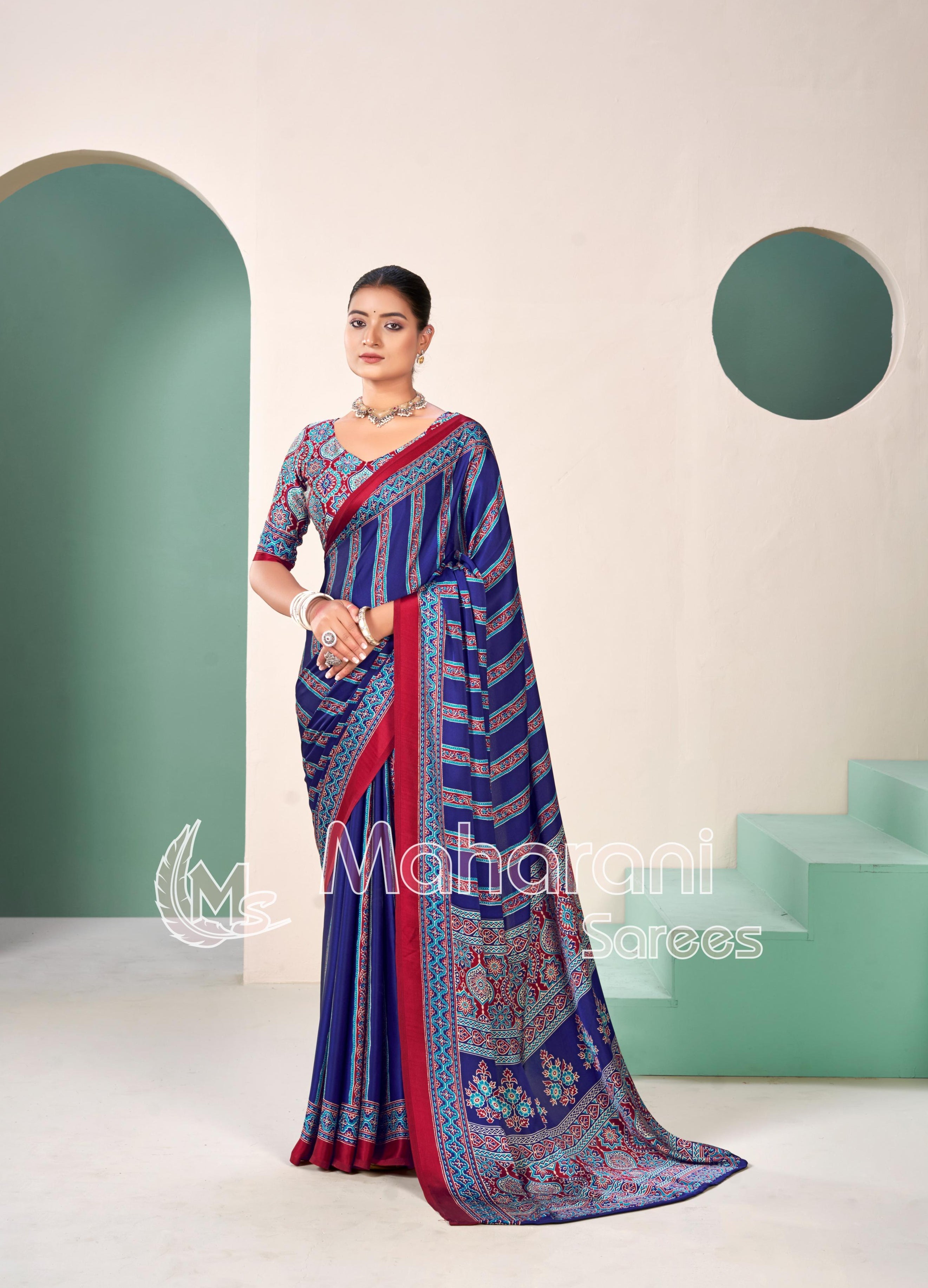 Blue Premium Striped Ajrakh Hand-Printed Modal Silk Saree