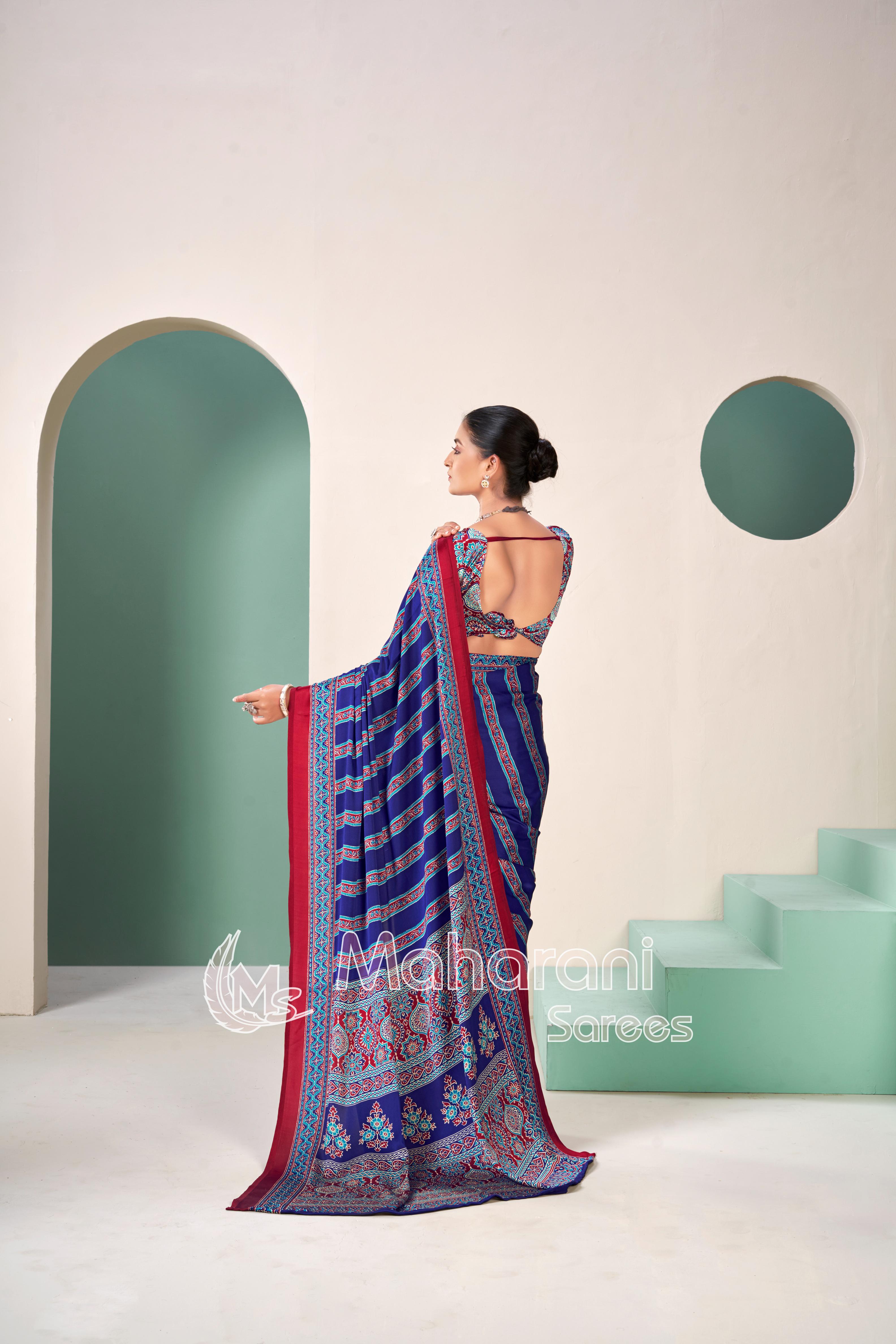 Blue Premium Striped Ajrakh Hand-Printed Modal Silk Saree