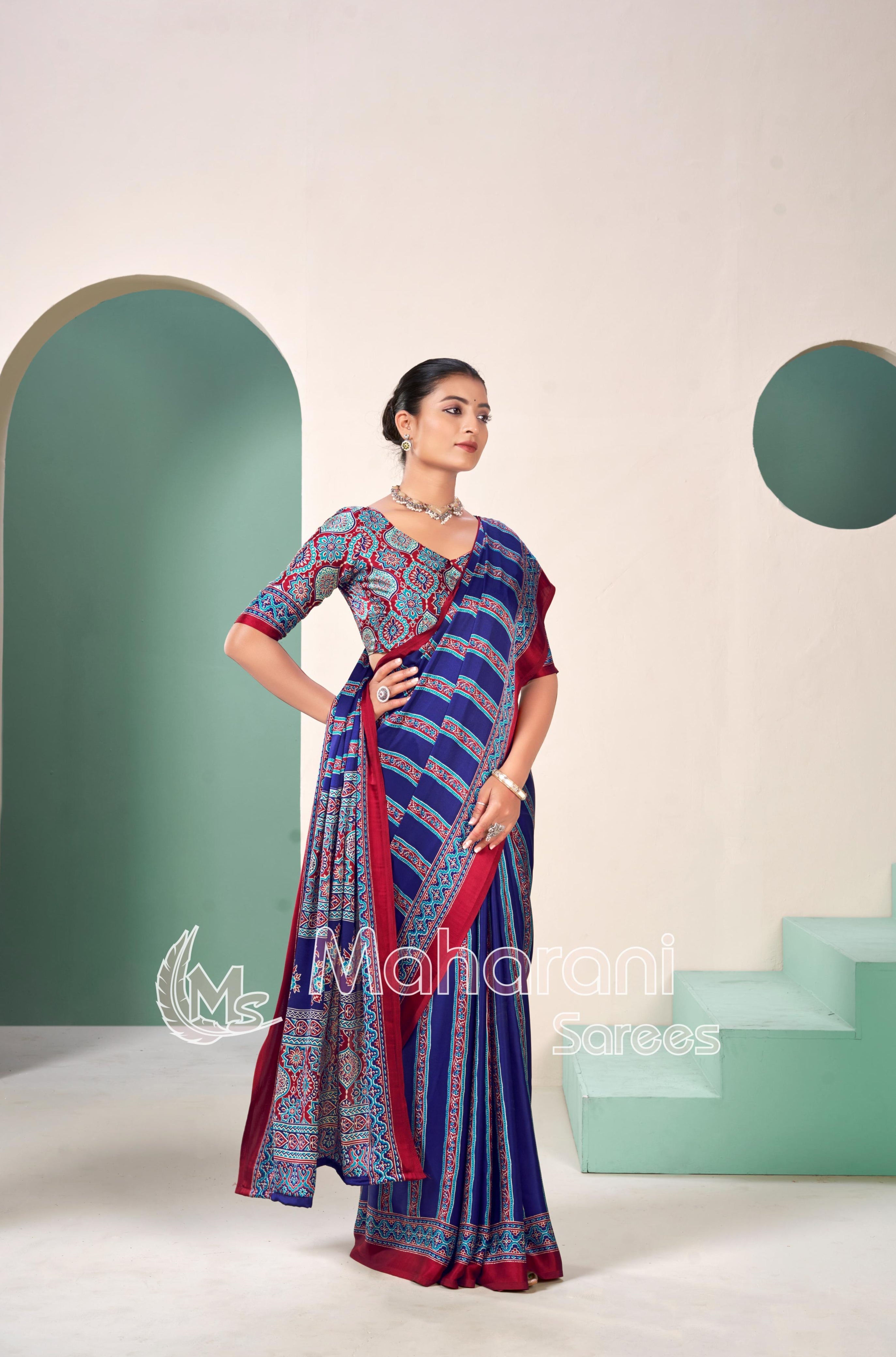 Blue Premium Striped Ajrakh Hand-Printed Modal Silk Saree