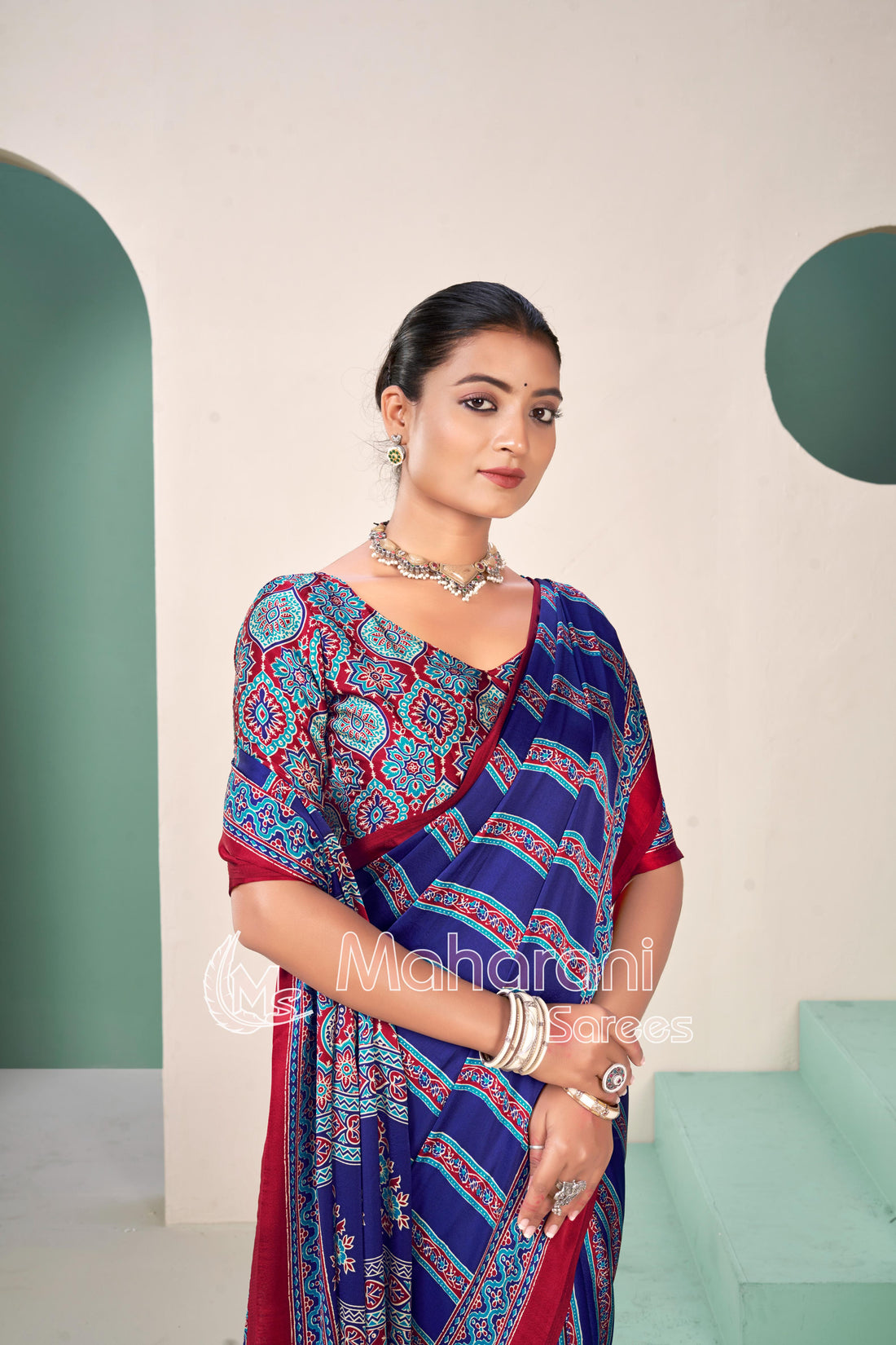 Blue Premium Striped Ajrakh Hand-Printed Modal Silk Saree