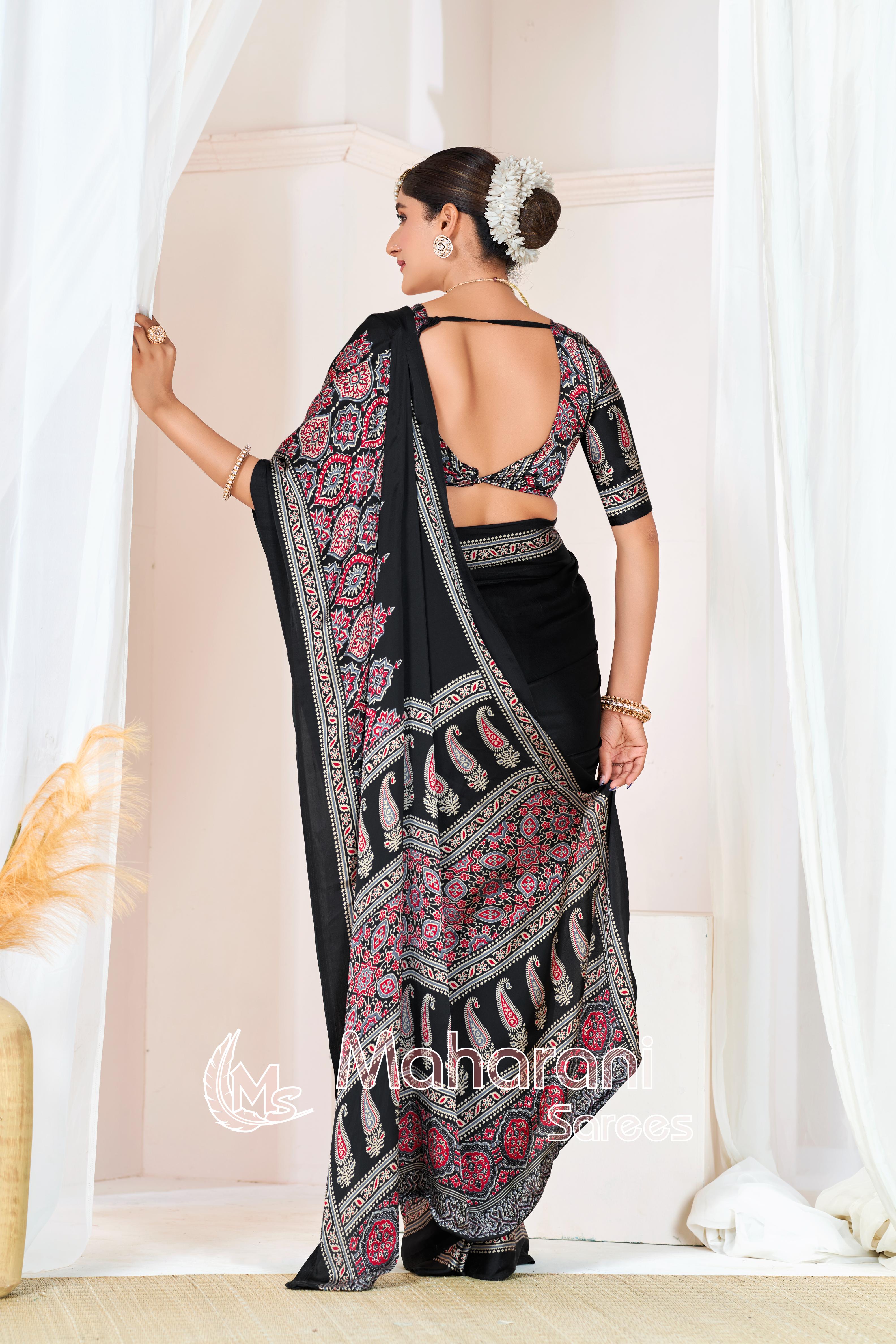 Black Ajrakh Printed Modal Silk Plain Saree With Ajrakh Blouse P6