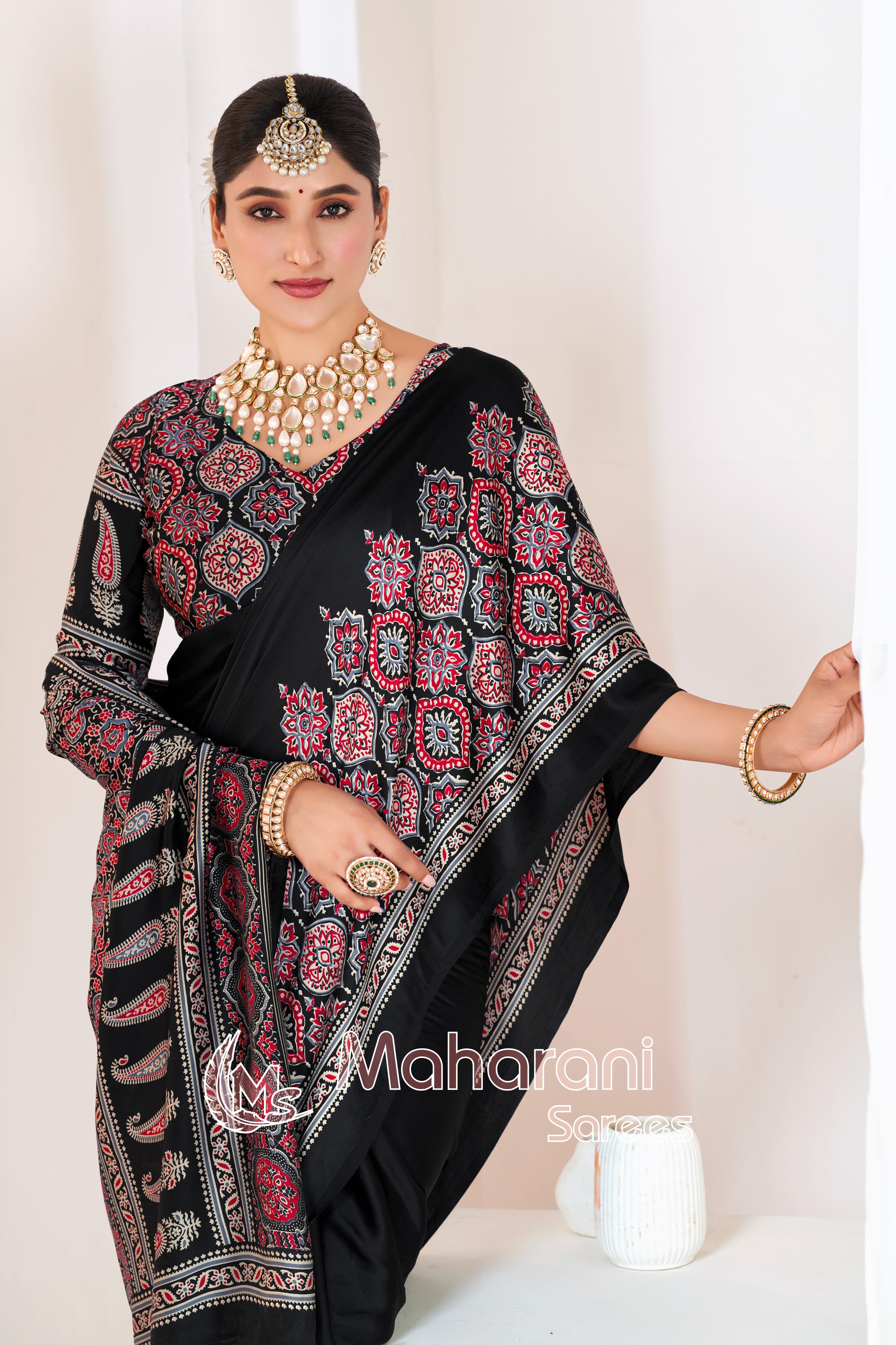 Black Ajrakh Printed Modal Silk Plain Saree With Ajrakh Blouse P6