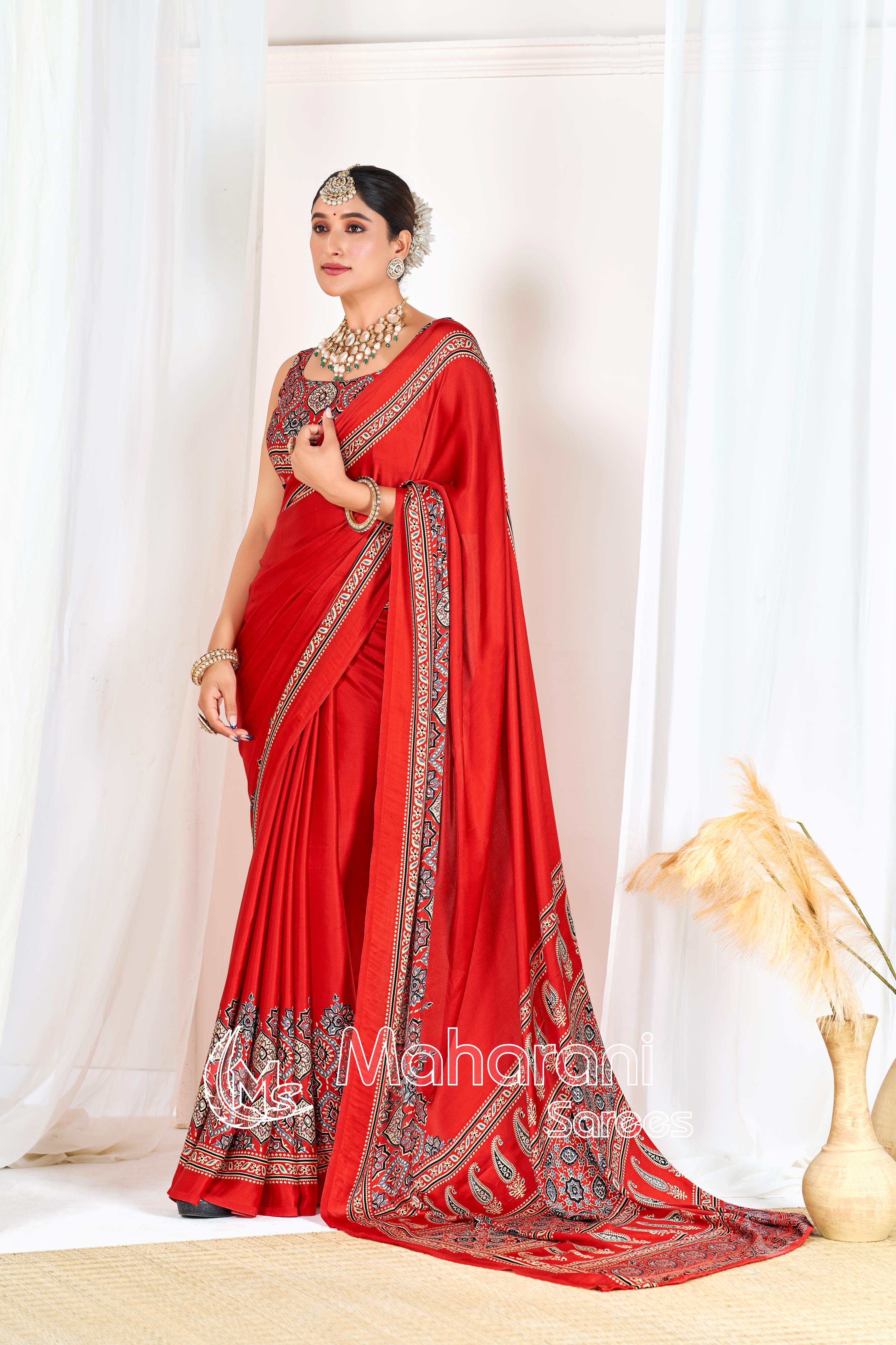 Red Ajrakh Printed Modal Silk Plain Saree With Ajrakh Blouse