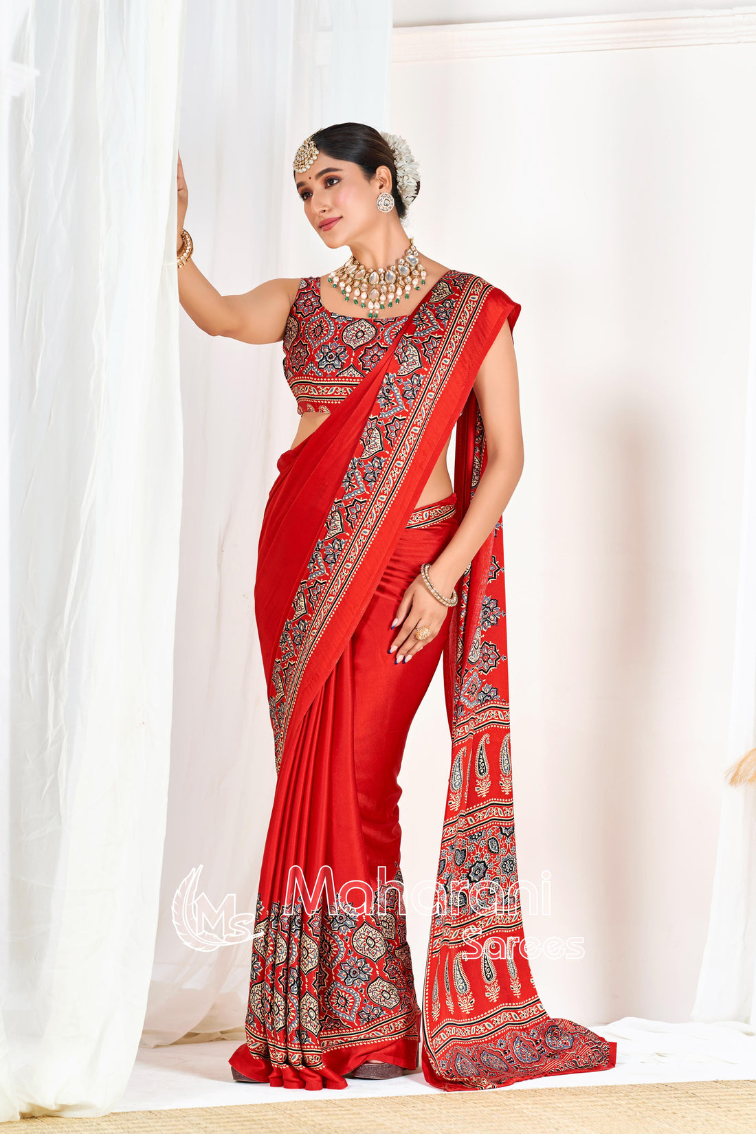 Red Ajrakh Printed Modal Silk Plain Saree With Ajrakh Blouse
