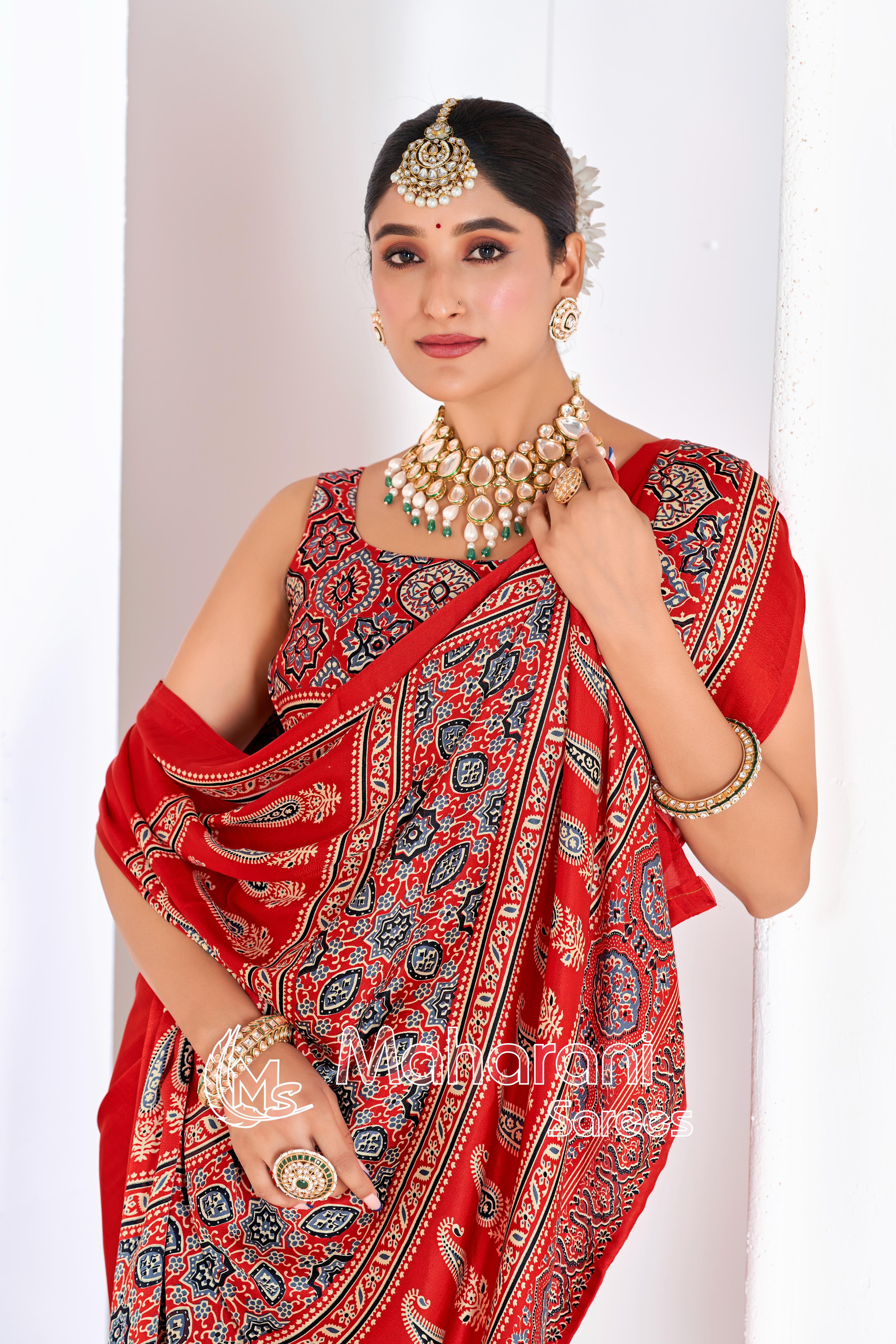Red Ajrakh Printed Modal Silk Plain Saree With Ajrakh Blouse