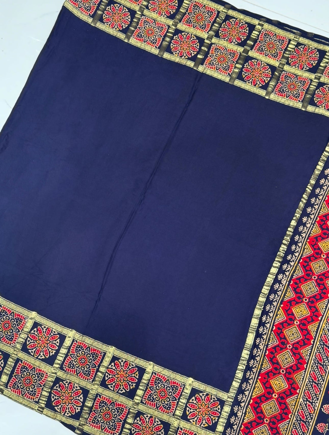 Blue Ajrakh Gharchola Border Hand Block Pure Modal Silk Saree With Fancy Ajrakh And Zari Pallu