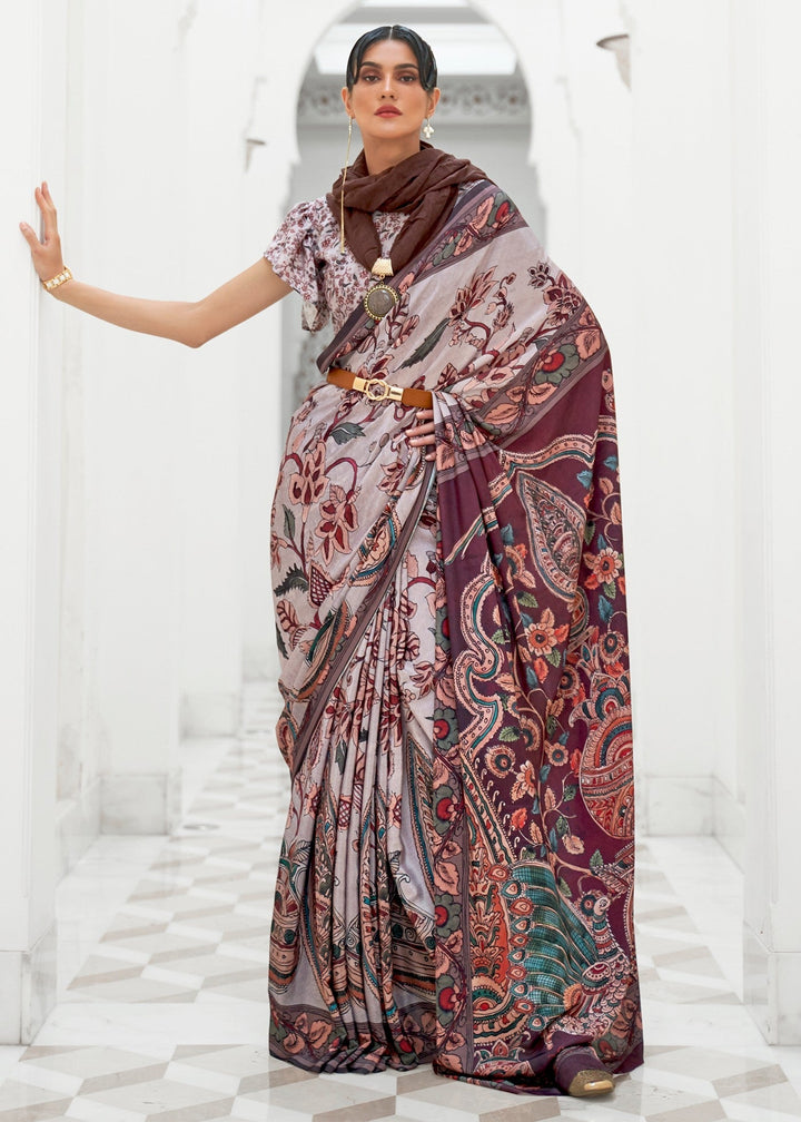 Beige Digital Printed Crepe Silk Saree