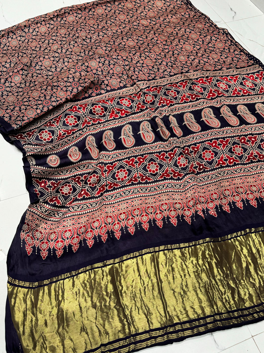 Navy Blue Ajrakh Hand Block Modal Silk Saree With Zari Pallu A1