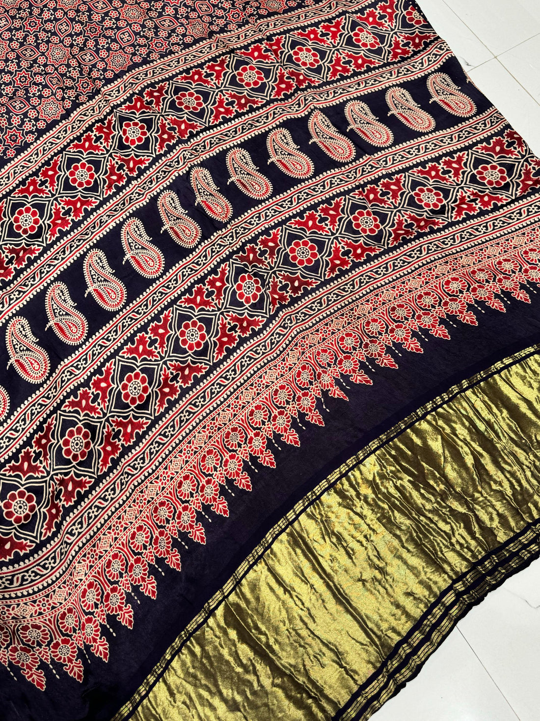 Navy Blue Ajrakh Hand Block Modal Silk Saree With Zari Pallu A1