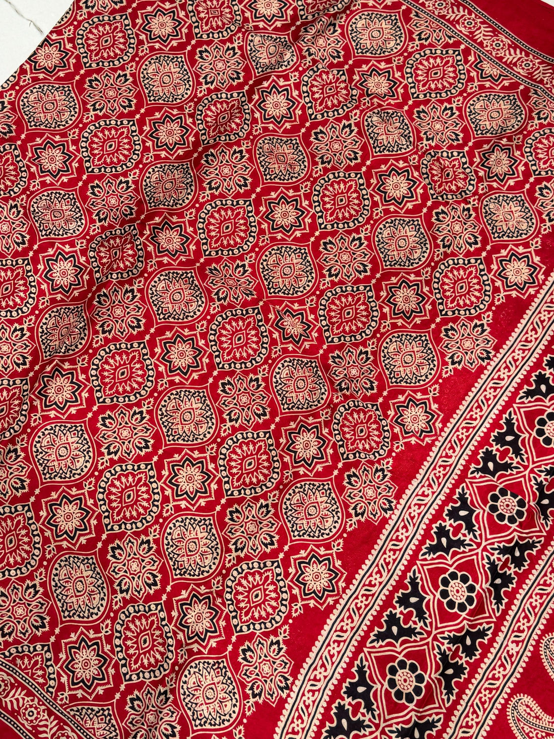 Red Ajrakh Hand Block Modal Silk Saree With Zari Pallu A2