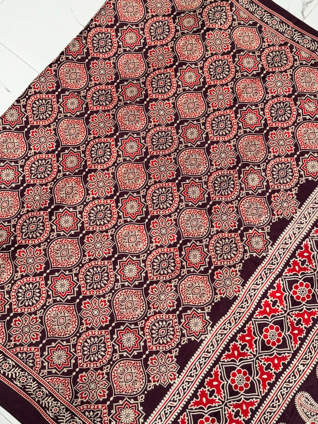 New Wine Ajrakh Hand Block Modal Silk Saree With Zari Pallu A2