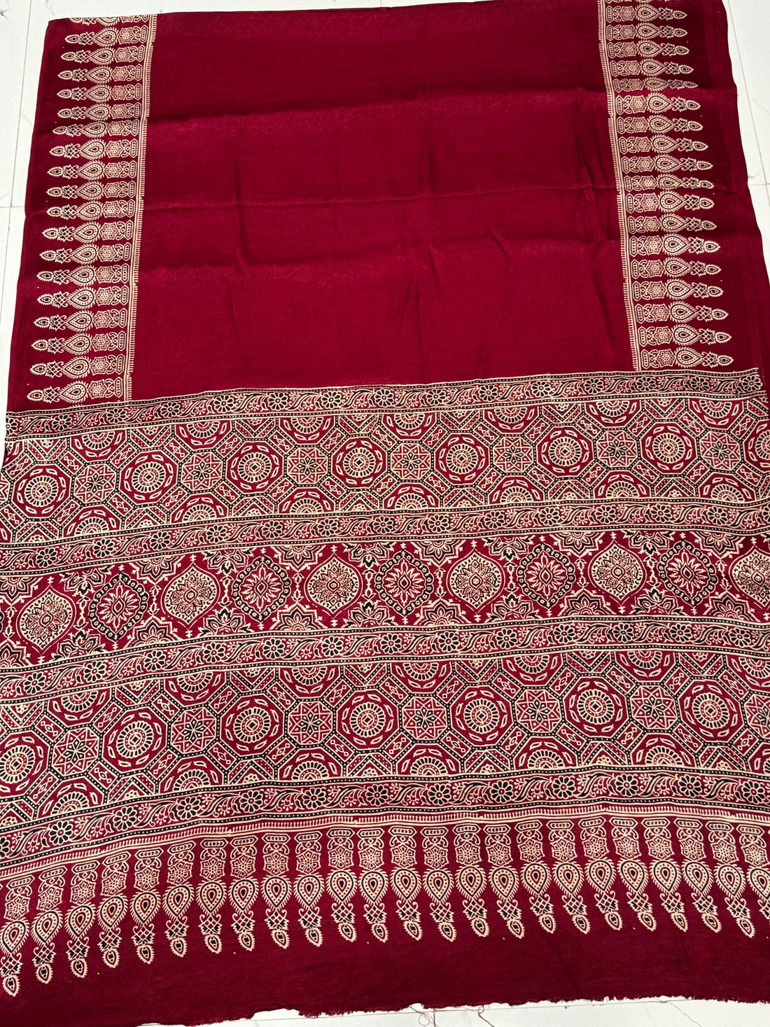 Maroon Ajrakh Hand Block Modal Silk Saree With Fancy Ajrakh Pallu and Border