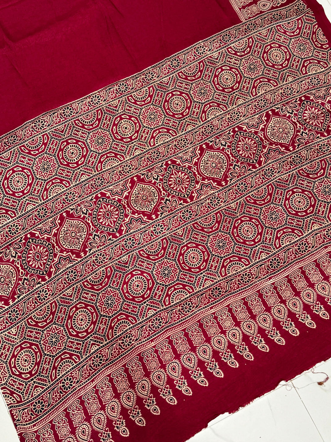 Maroon Ajrakh Hand Block Modal Silk Saree With Fancy Ajrakh Pallu and Border