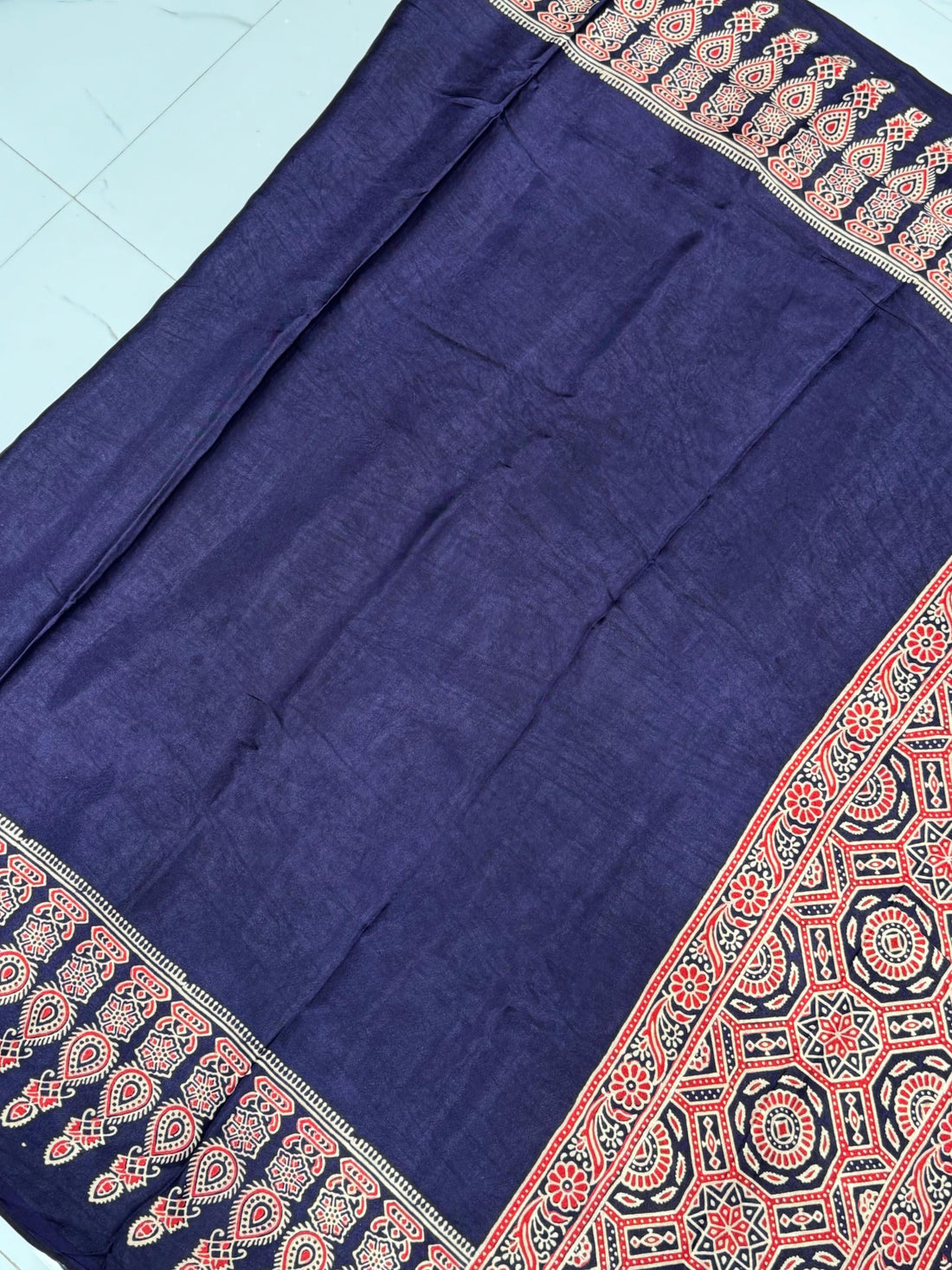 Blue Ajrakh Hand Block Modal Silk Saree With Fancy Ajrakh Pallu and Border