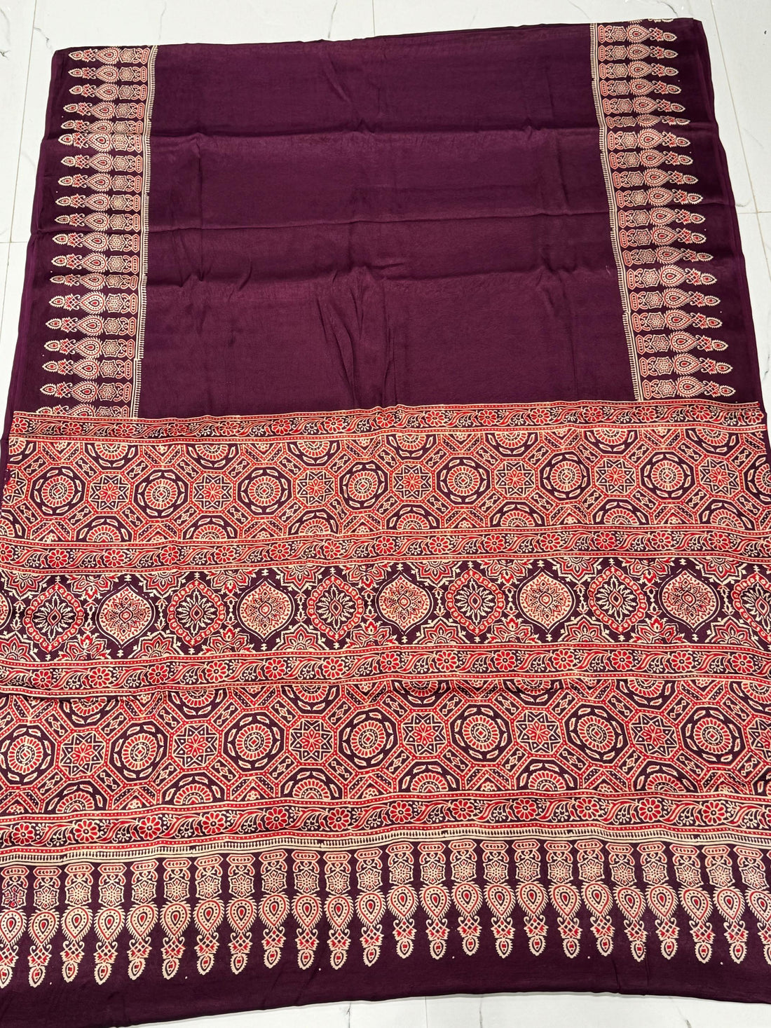 Wine Ajrakh Hand Block Modal Silk Saree With Fancy Ajrakh Pallu and Border