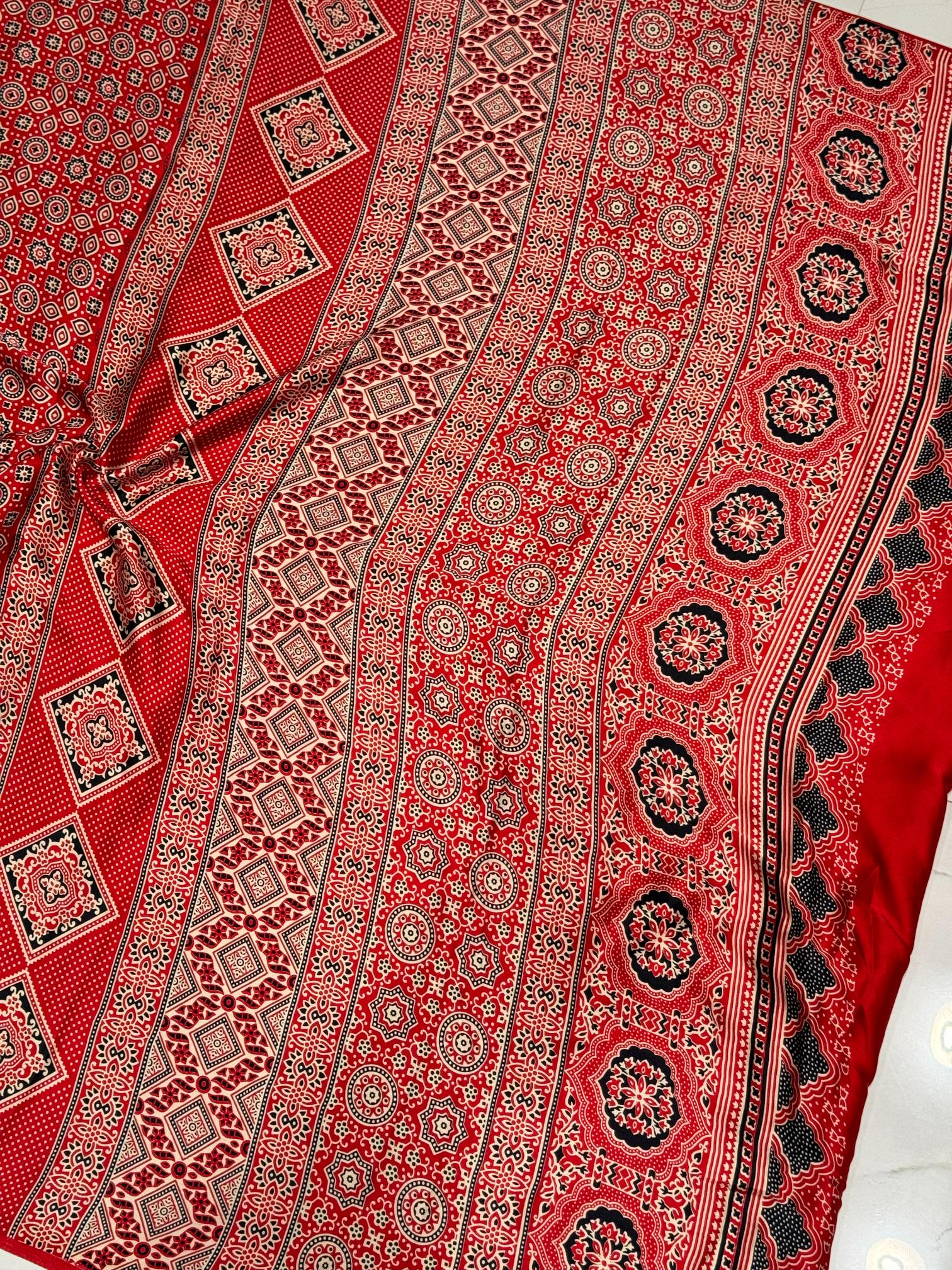 Red Ajrakh Printed Soft Modal Silk Natural Print Saree P1