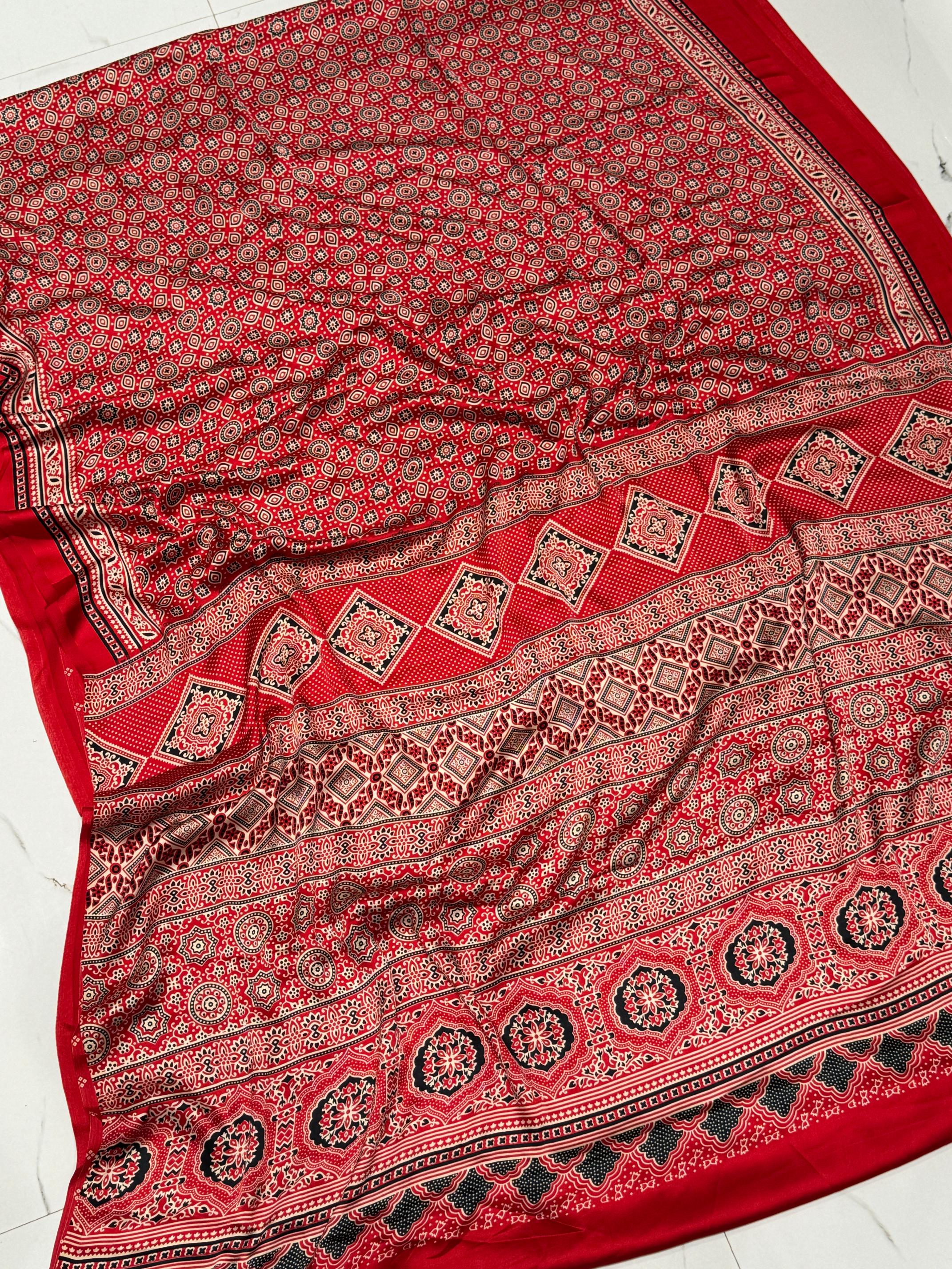 Red Ajrakh Printed Soft Modal Silk Natural Print Saree P1