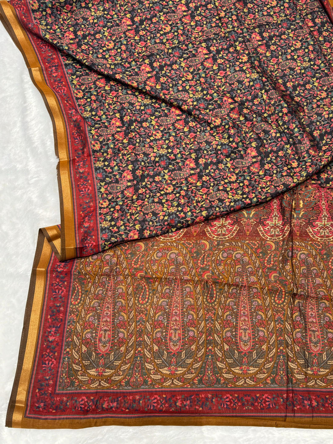 Black Ajrakh With Kalamkari Design Hand Block Print Maslin silk Saree K11