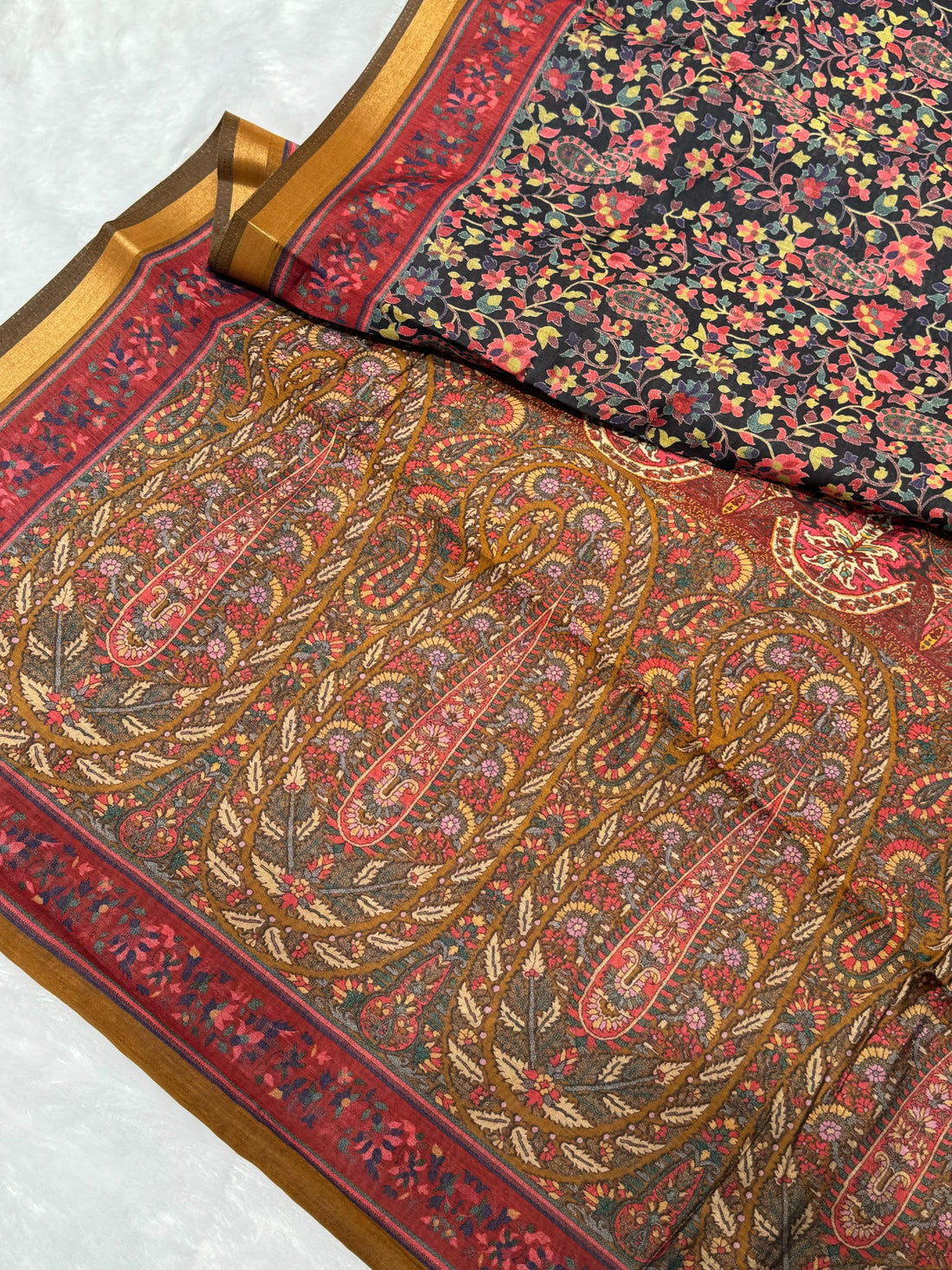 Black Ajrakh With Kalamkari Design Hand Block Print Maslin silk Saree K11