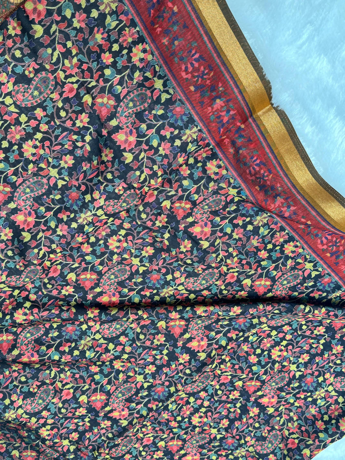 Black Ajrakh With Kalamkari Design Hand Block Print Maslin silk Saree K11