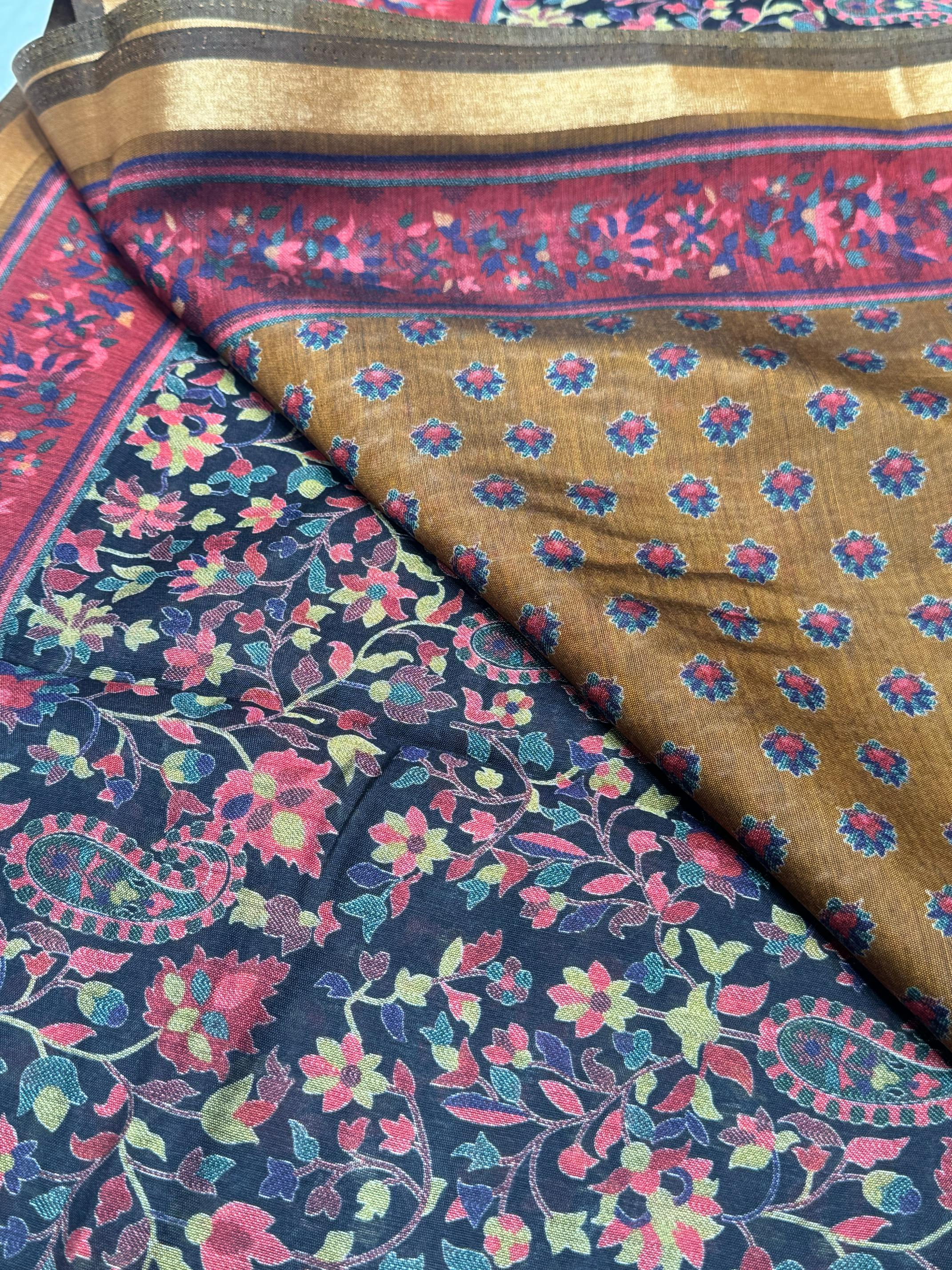 Black Ajrakh With Kalamkari Design Hand Block Print Maslin silk Saree K11