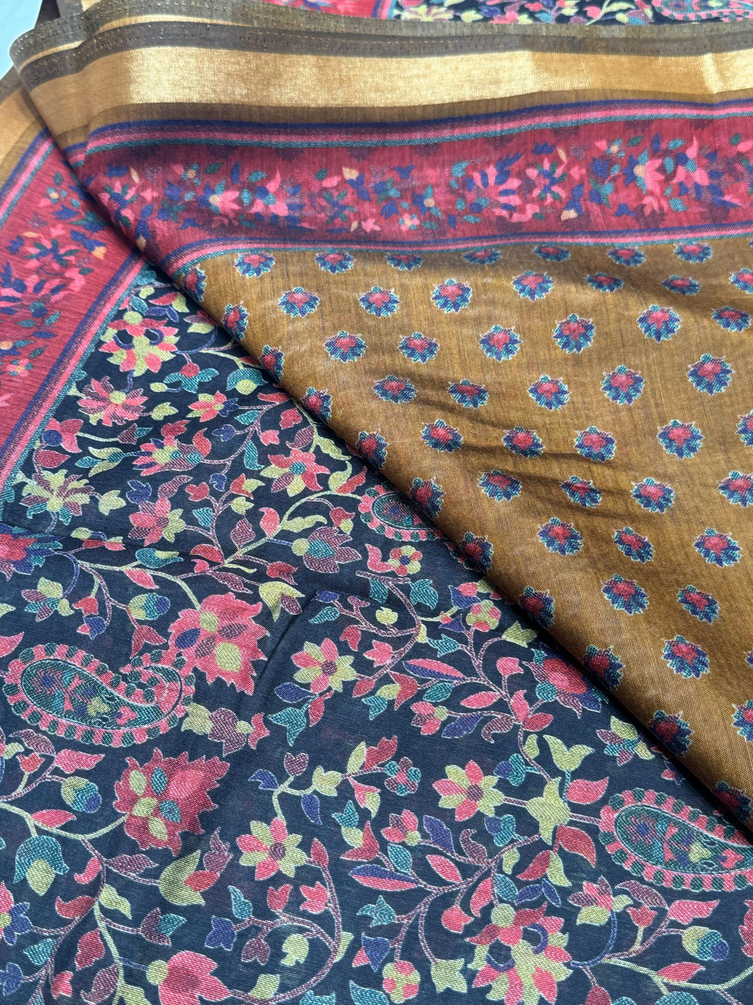 Black Ajrakh With Kalamkari Design Hand Block Print Maslin silk Saree K11