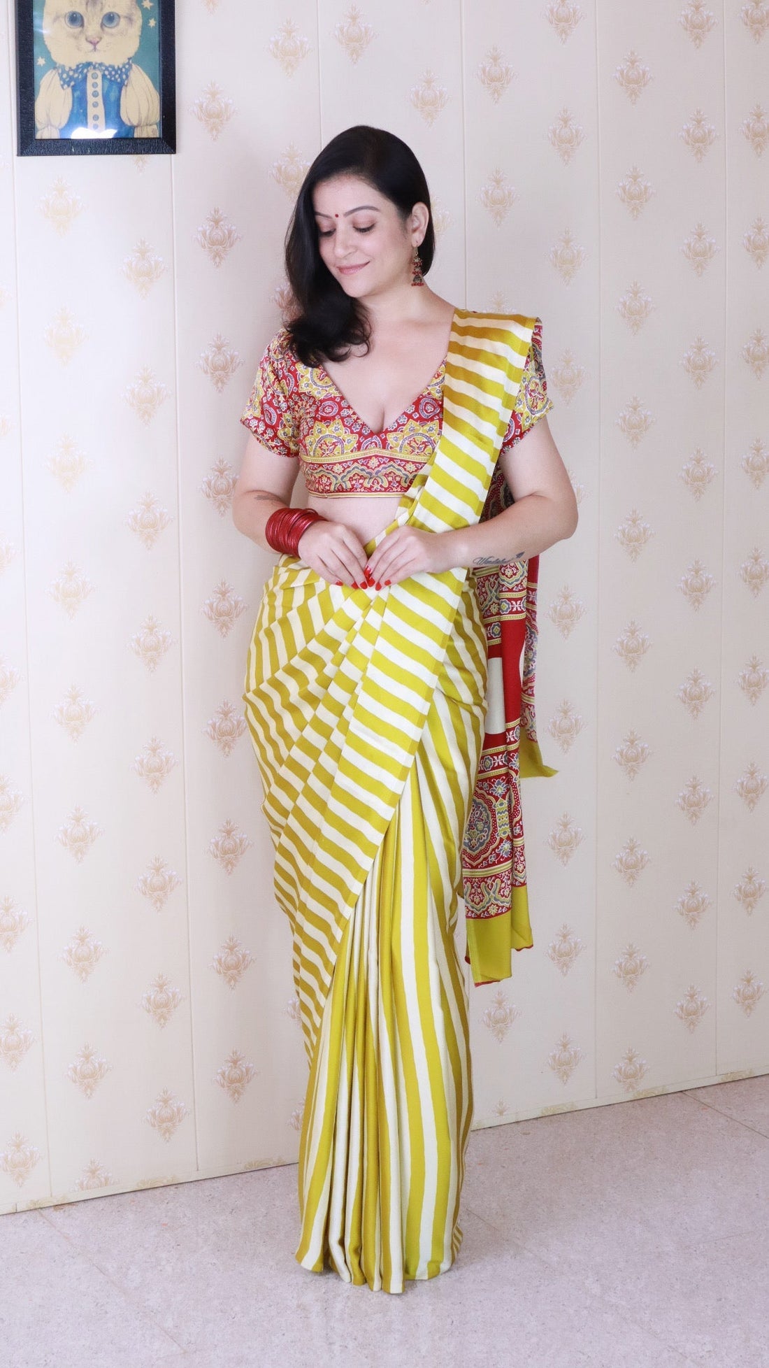 Mustard Yellow Striped Ajrakh Hand-Printed Modal Silk Saree