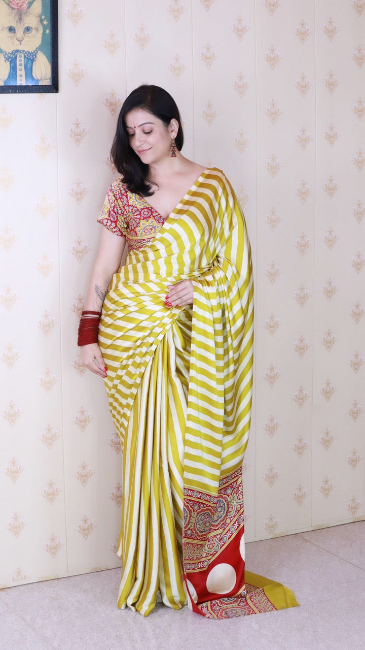 Mustard Yellow Striped Ajrakh Hand-Printed Modal Silk Saree
