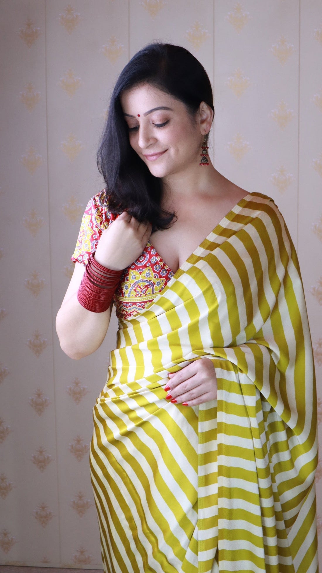 Mustard Yellow Striped Ajrakh Hand-Printed Modal Silk Saree