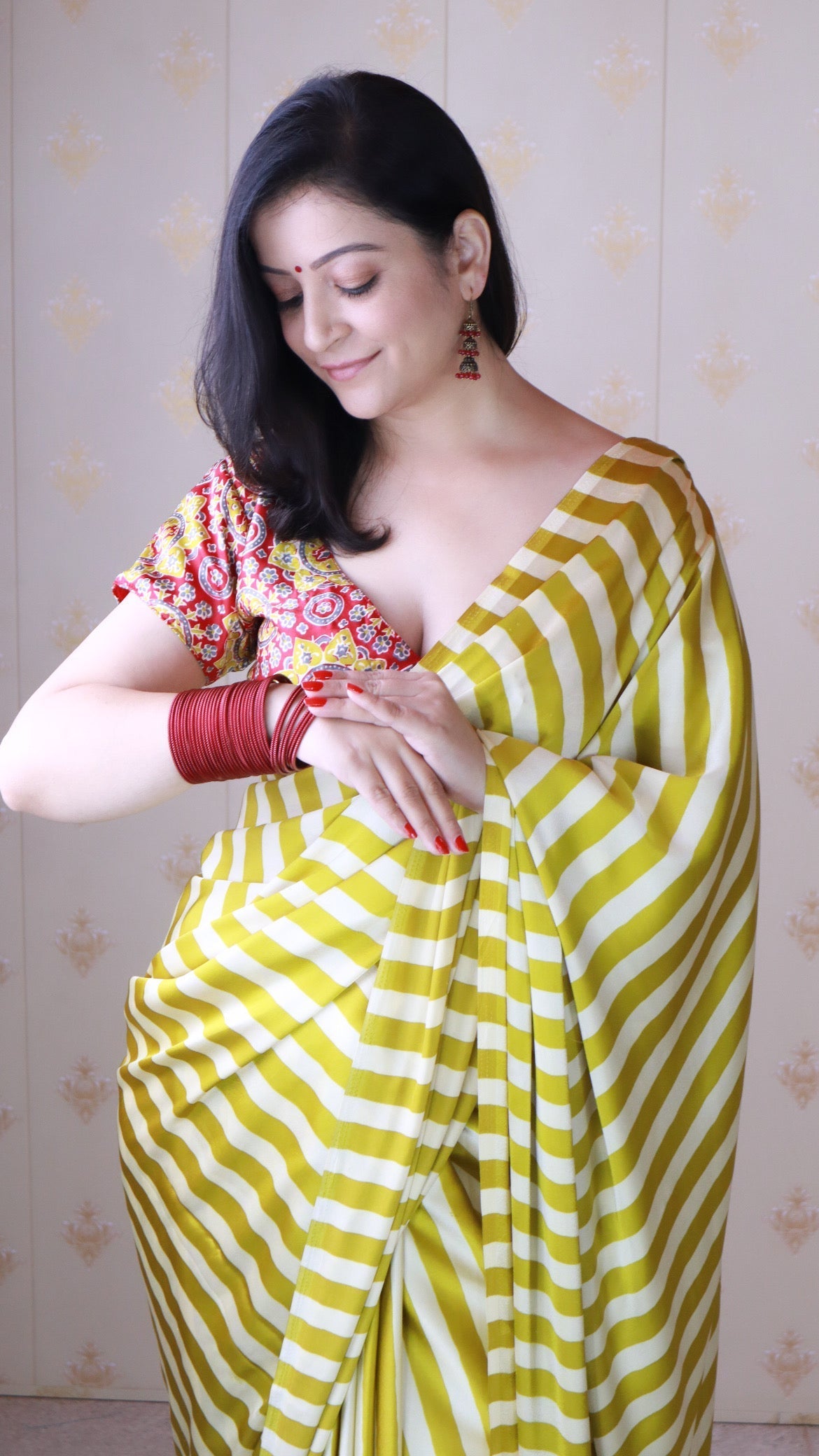 Mustard Yellow Striped Ajrakh Hand-Printed Modal Silk Saree