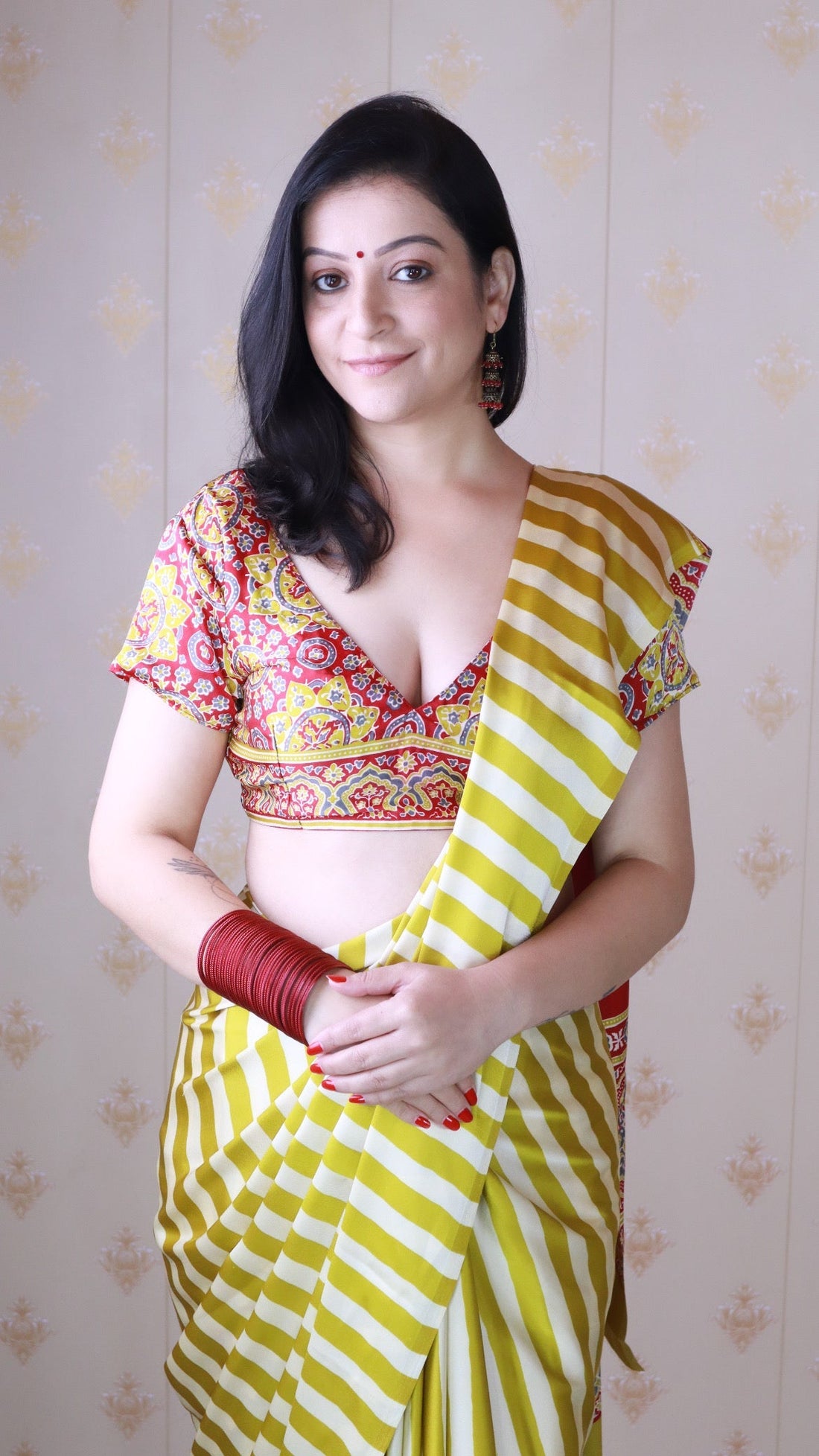 Mustard Yellow Striped Ajrakh Hand-Printed Modal Silk Saree