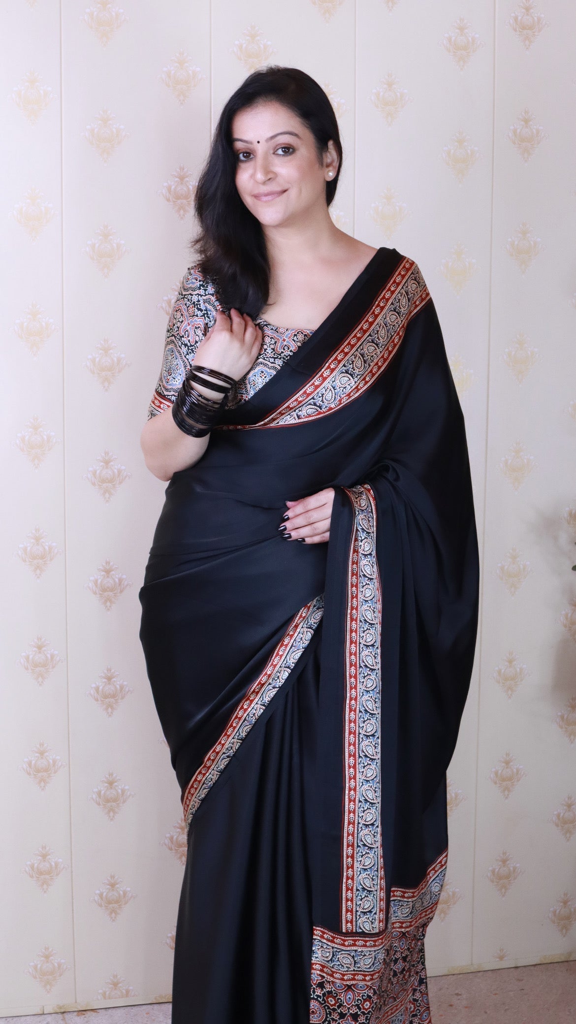 Glossy Black Ajrakh Hand-Printed Modal Silk Saree With Blouse