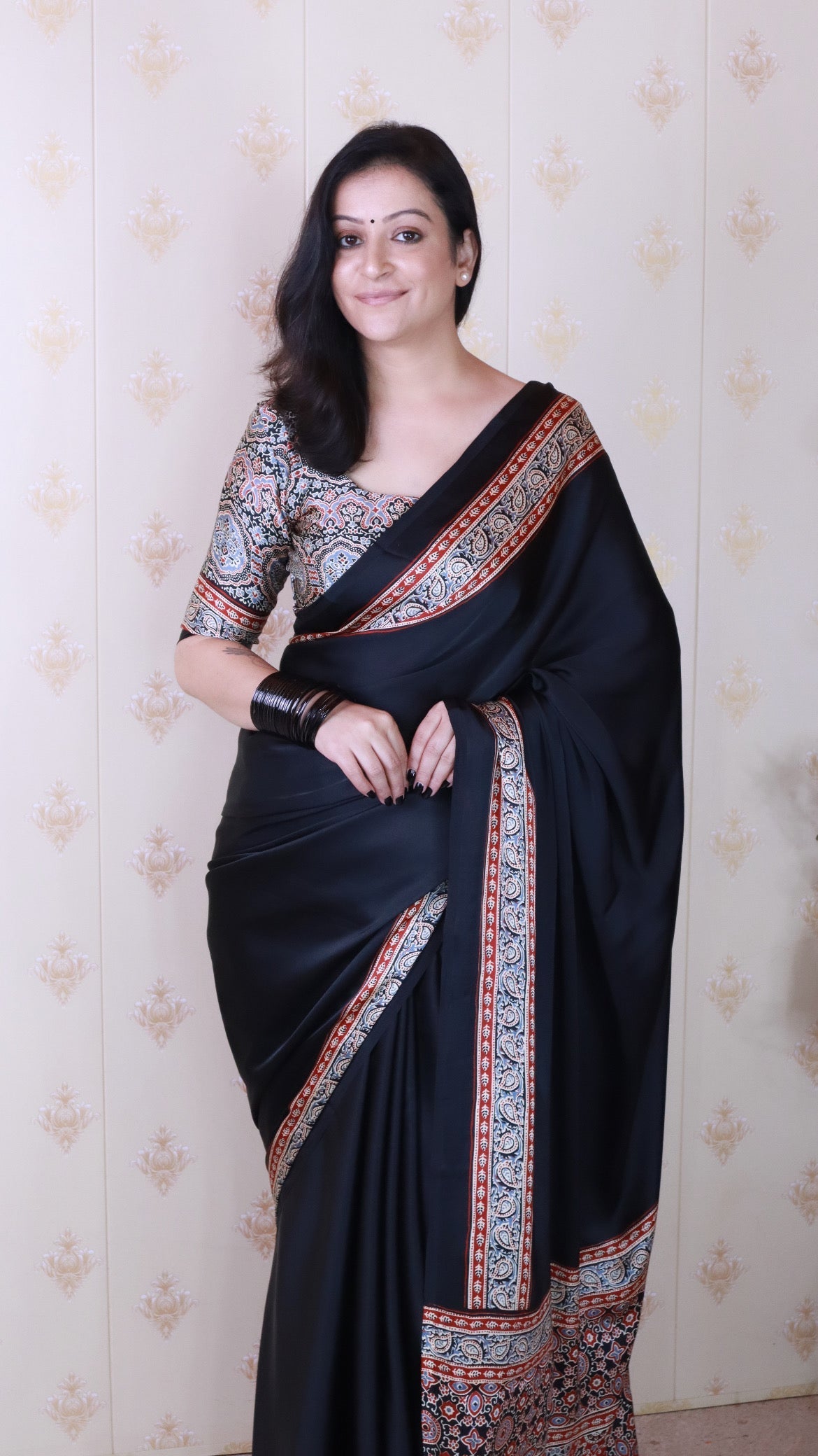 Glossy Black Ajrakh Hand-Printed Modal Silk Saree With Blouse