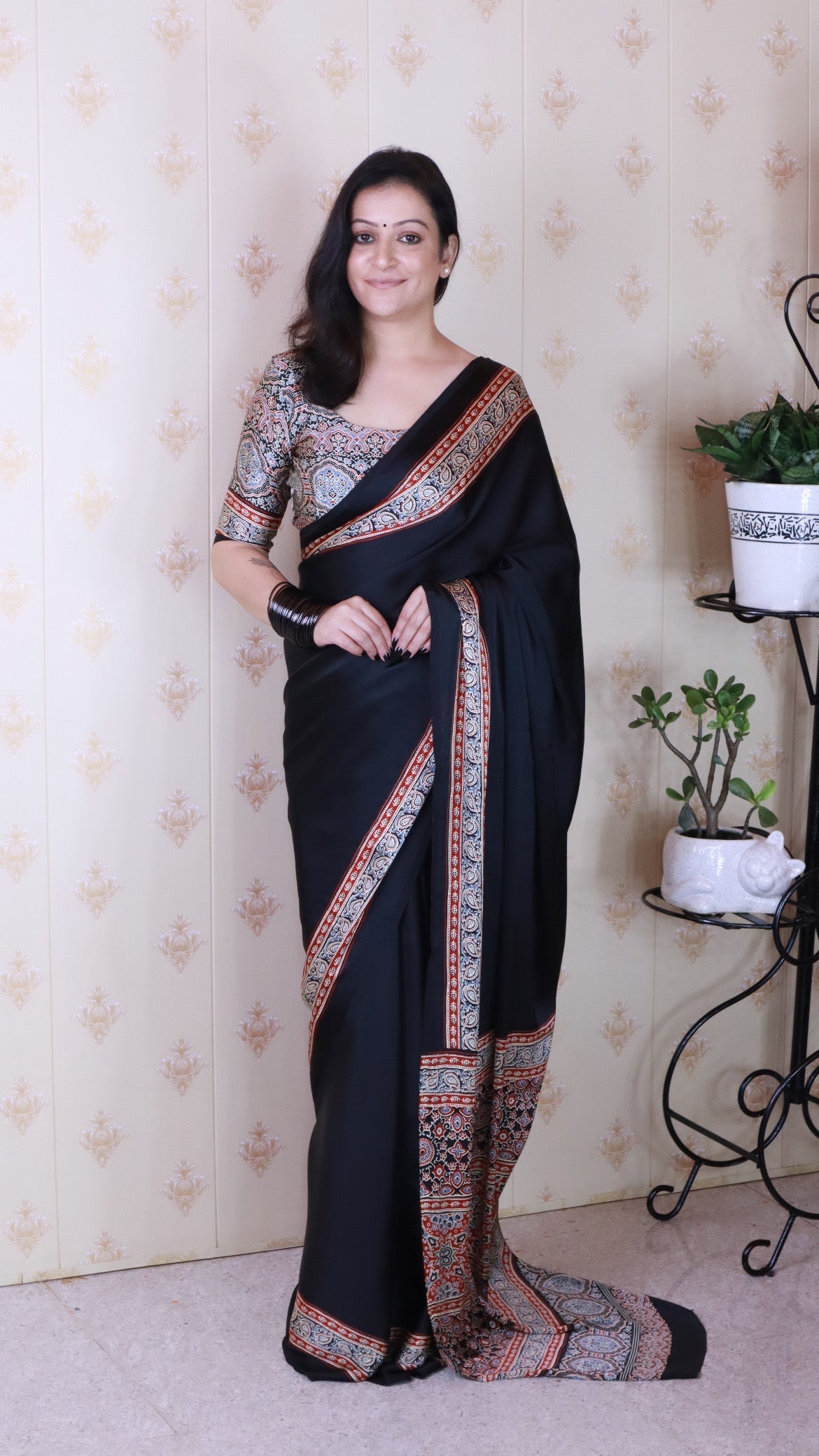 Glossy Black Ajrakh Hand-Printed Modal Silk Saree With Blouse