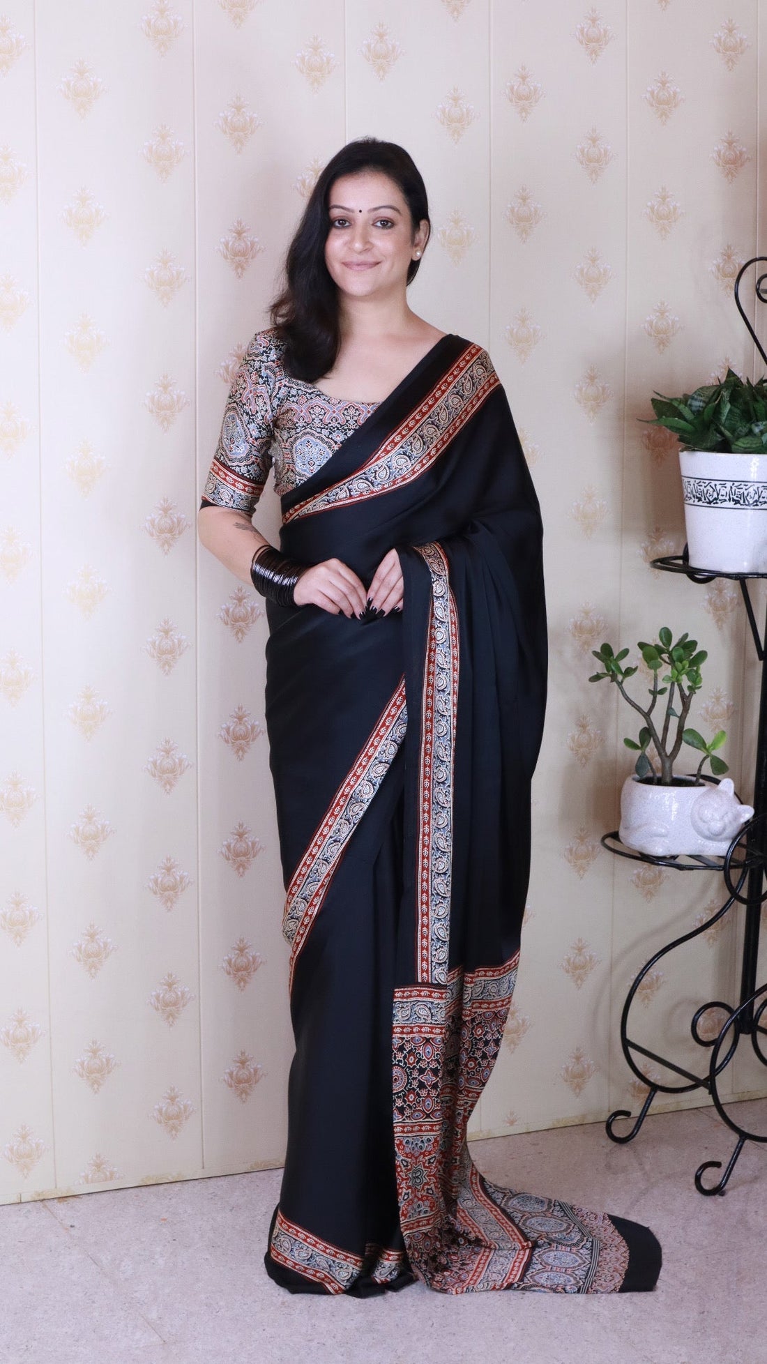 Glossy Black Ajrakh Hand-Printed Modal Silk Saree With Blouse