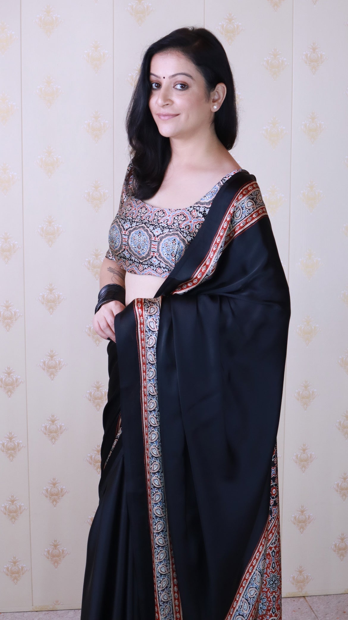 Glossy Black Ajrakh Hand-Printed Modal Silk Saree With Blouse