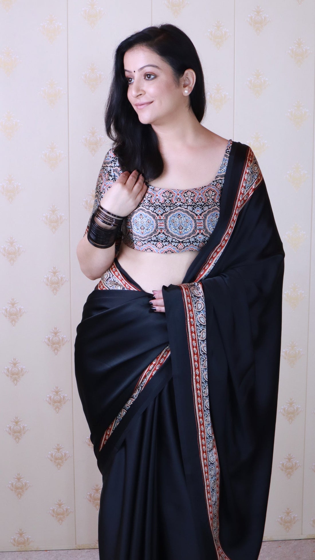 Glossy Black Ajrakh Hand-Printed Modal Silk Saree With Blouse