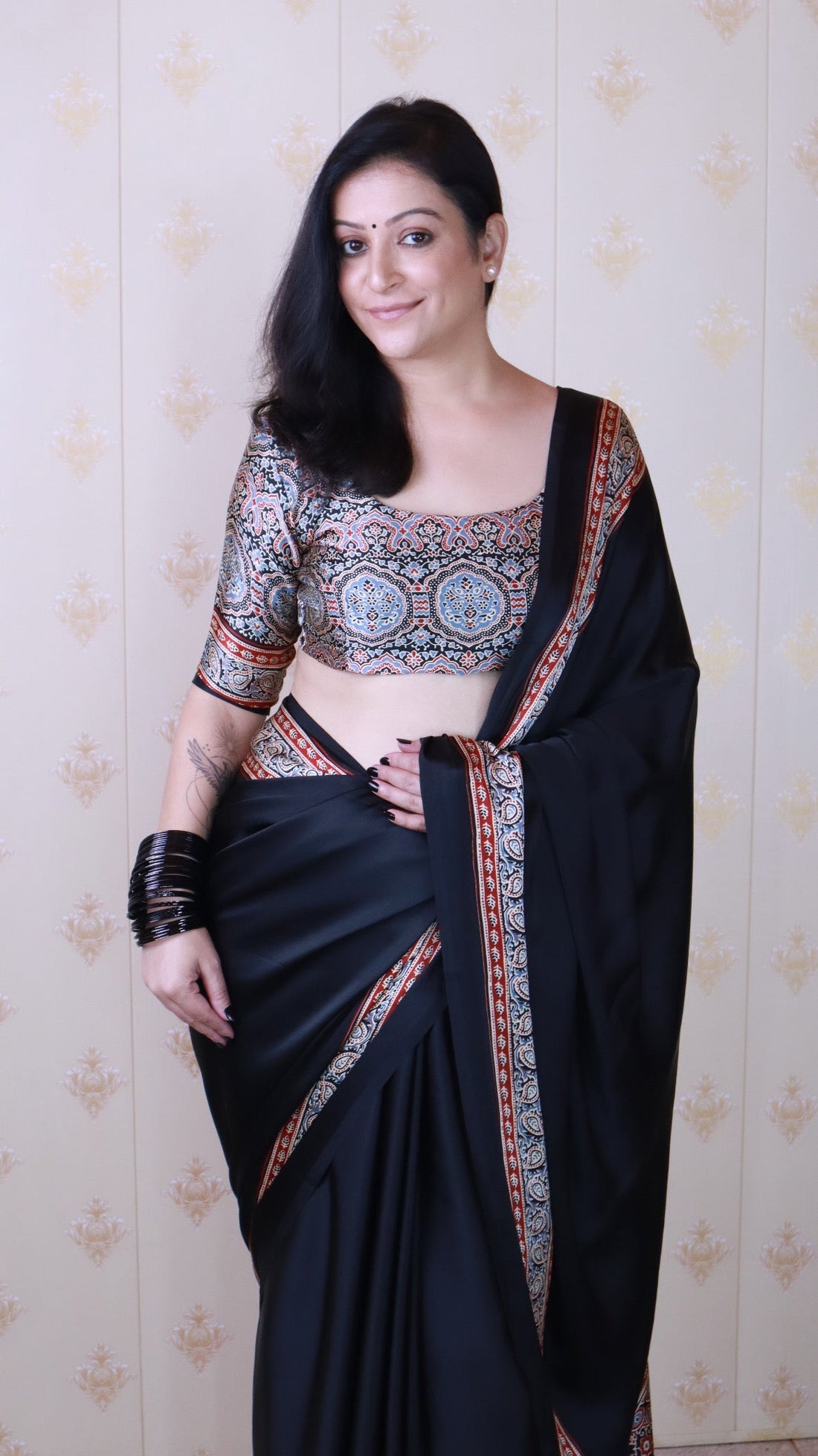 Glossy Black Ajrakh Hand-Printed Modal Silk Saree With Blouse