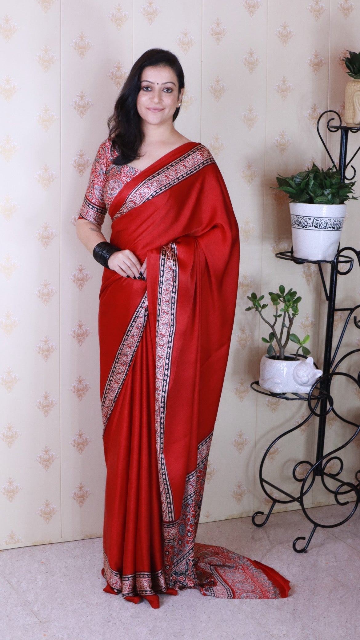 Luxury Maroon Ajrakh Hand-Printed Modal Silk Saree With Blouse