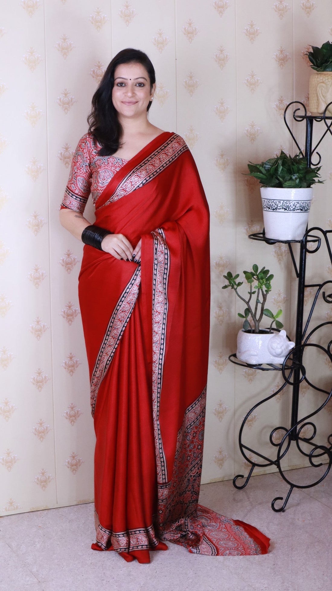 Luxury Maroon Ajrakh Hand-Printed Modal Silk Saree With Blouse