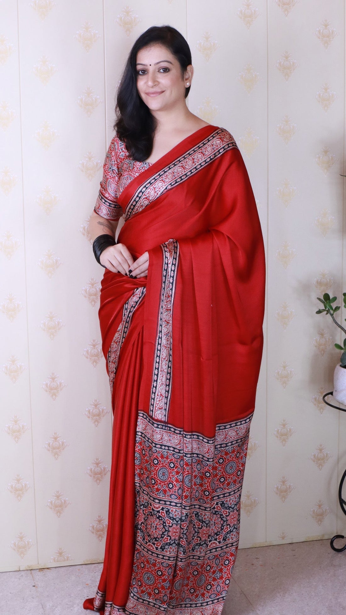 Luxury Maroon Ajrakh Hand-Printed Modal Silk Saree With Blouse
