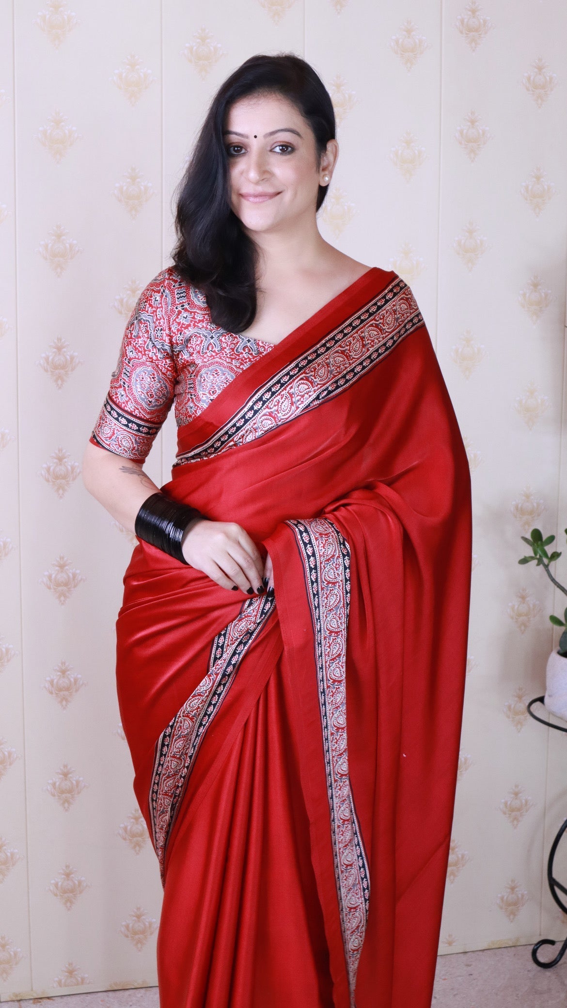 Luxury Maroon Ajrakh Hand-Printed Modal Silk Saree With Blouse