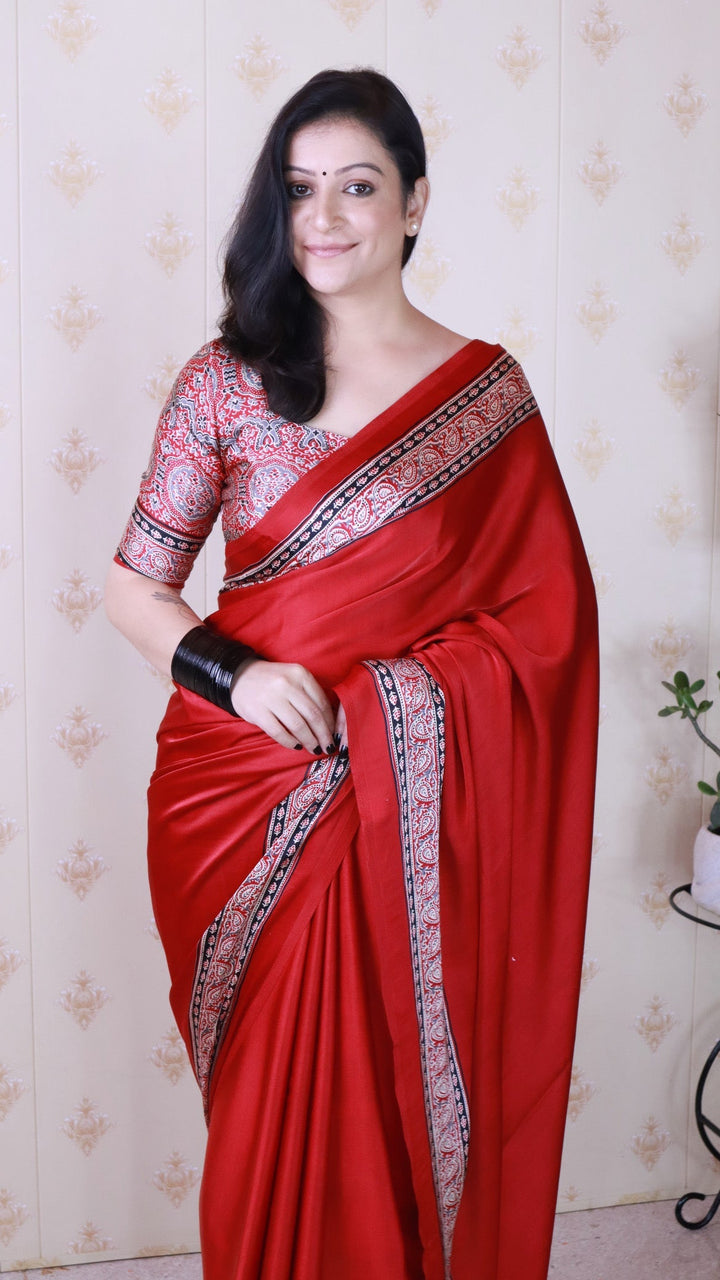 Luxury Maroon Ajrakh Hand-Printed Modal Silk Saree With Blouse