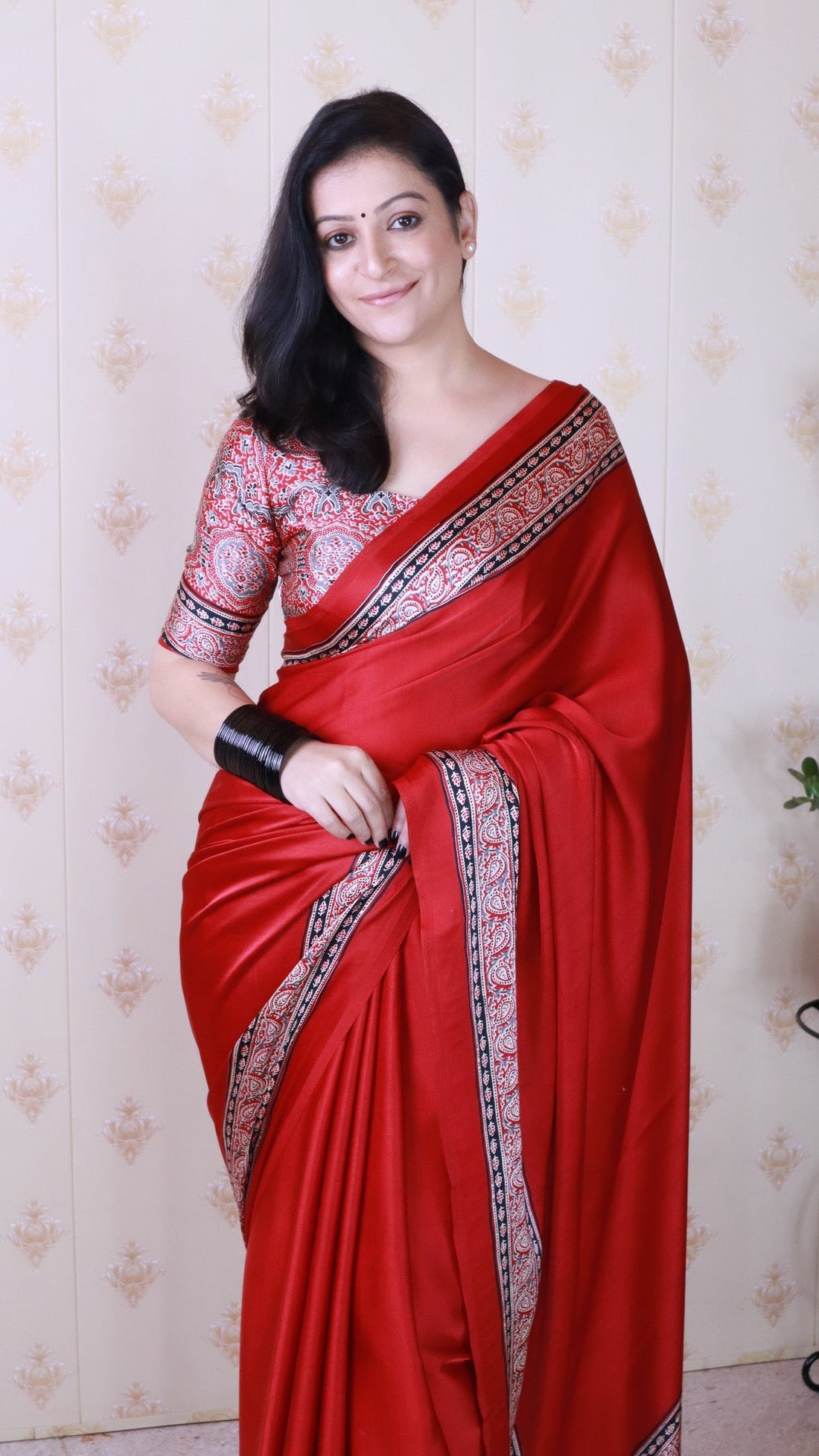 Luxury Maroon Ajrakh Hand-Printed Modal Silk Saree With Blouse