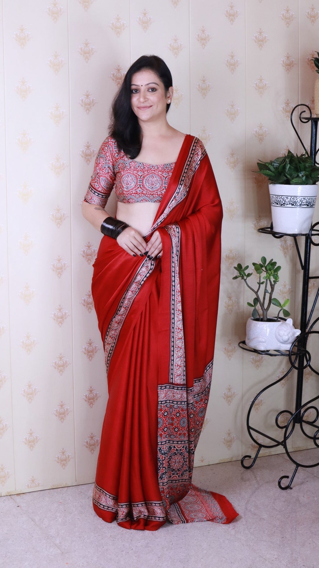 Luxury Maroon Ajrakh Hand-Printed Modal Silk Saree With Blouse