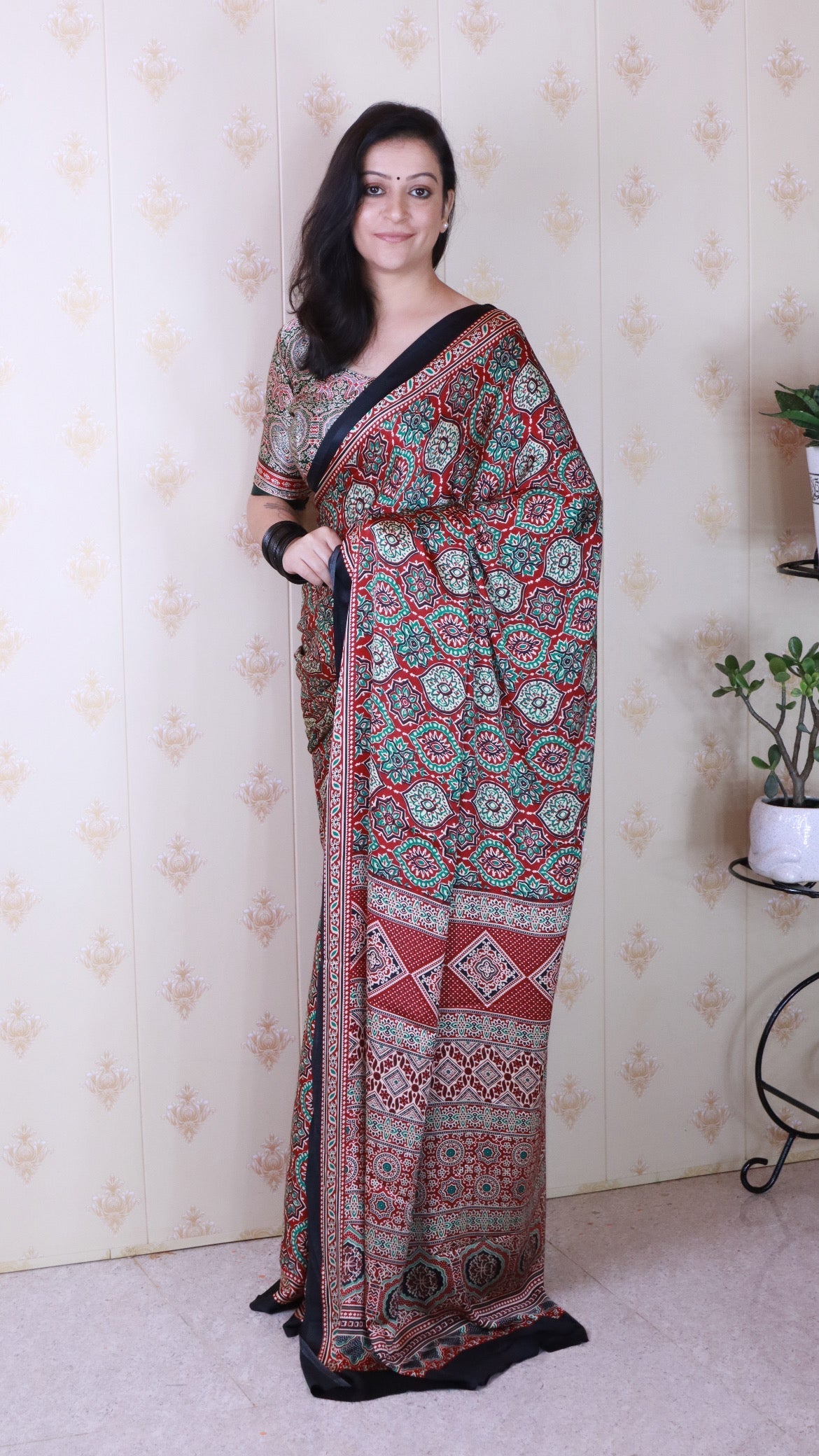 Luxurious Maroon Ajrakh Printed Soft Modal Silk Natural Print Saree P2