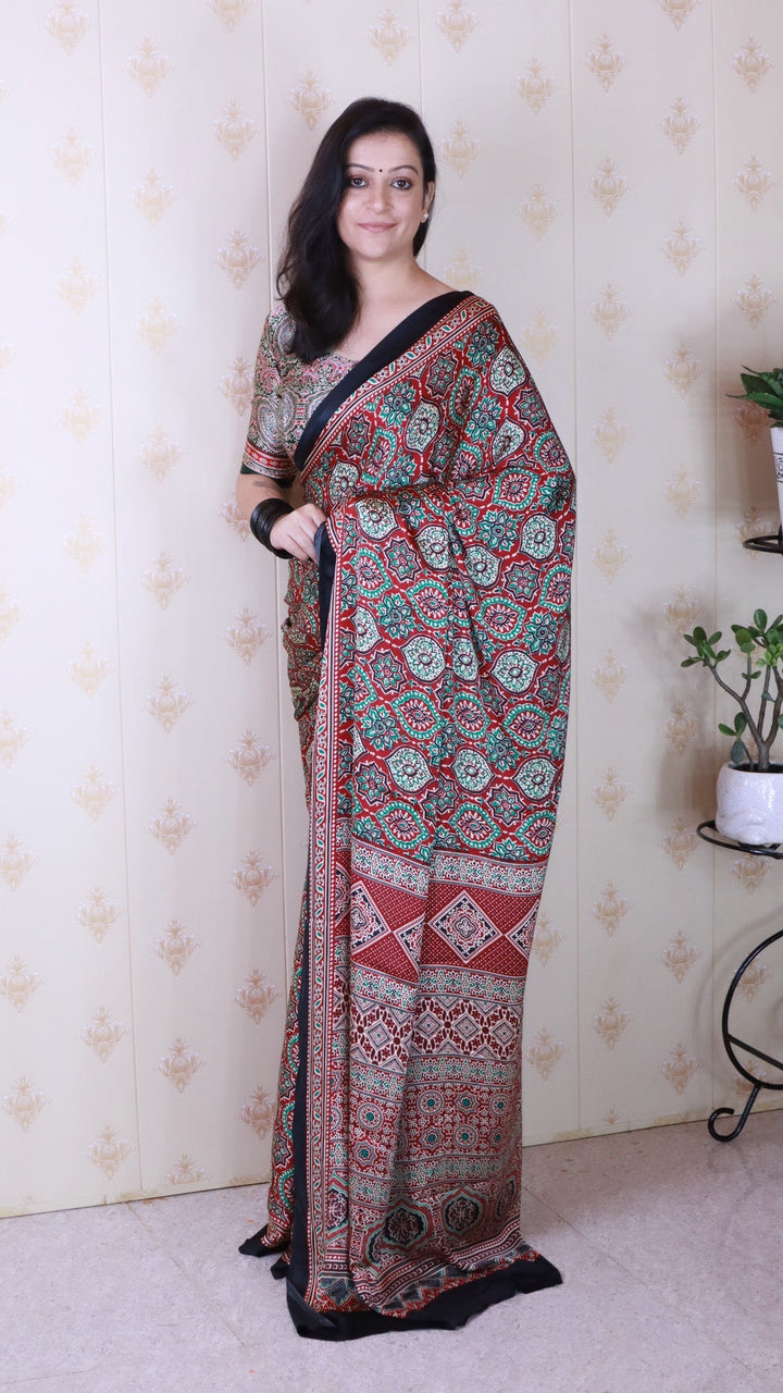 Luxurious Maroon Ajrakh Printed Soft Modal Silk Natural Print Saree P2